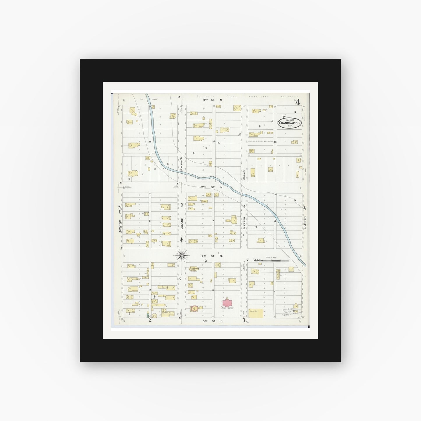 Old map wall art mockup — black gallery frame with white mat — Sanborn Fire Insurance Map from Grand Rapids, Itasca County, Minnesota (1908), Sheet #0004