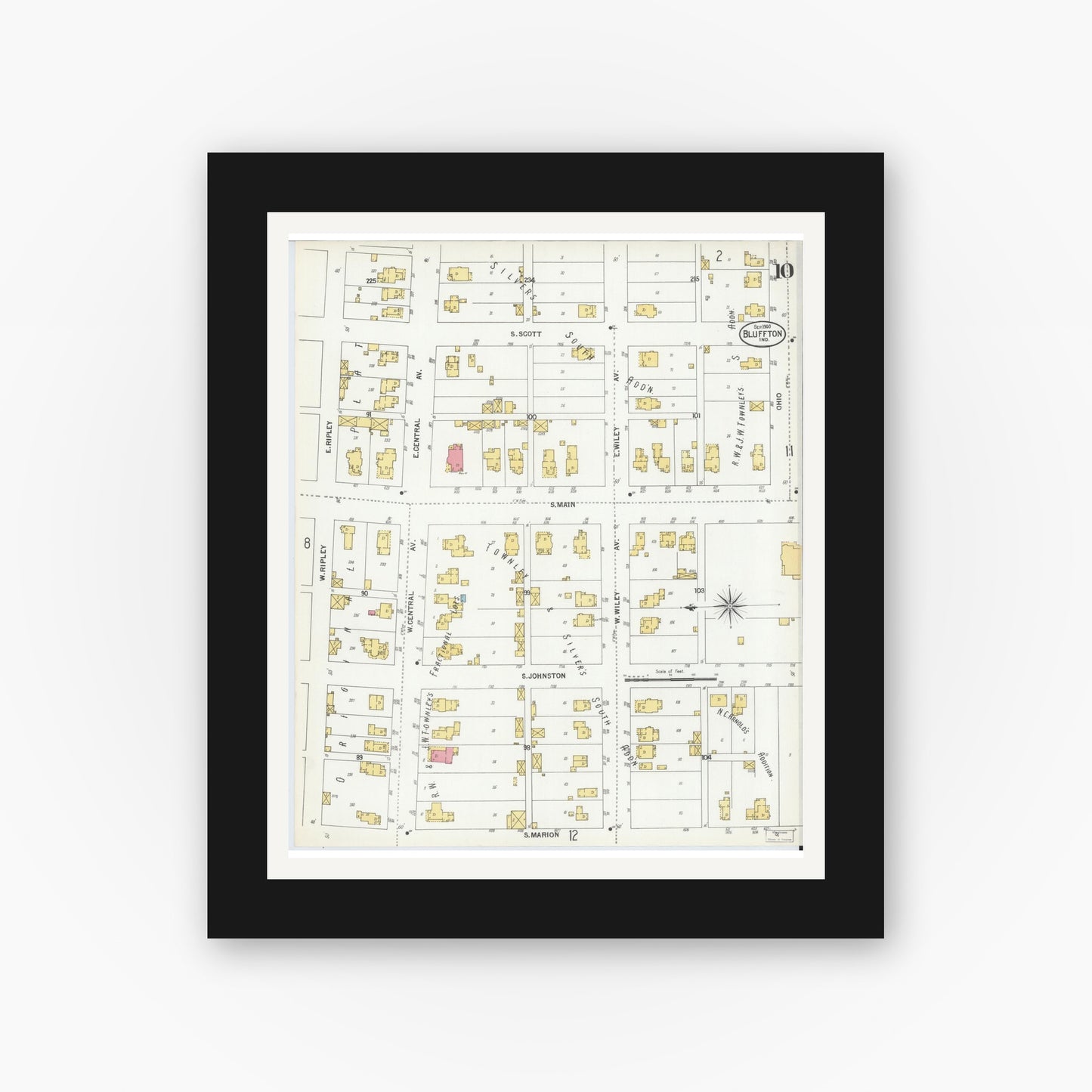 Old map wall art mockup — black gallery frame with white mat — Sanborn Fire Insurance Map from Bluffton, Wells County, Indiana (1900), Sheet #0010