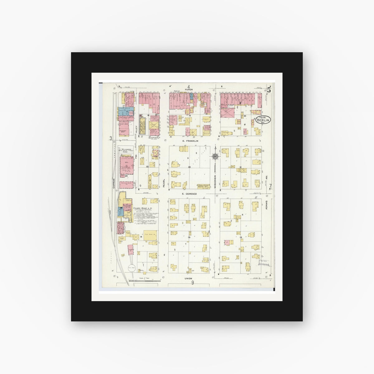 Old map wall art mockup — black gallery frame with white mat — Sanborn Fire Insurance Map from Berlin, Green Lake County, Wisconsin (1911), Sheet #0005