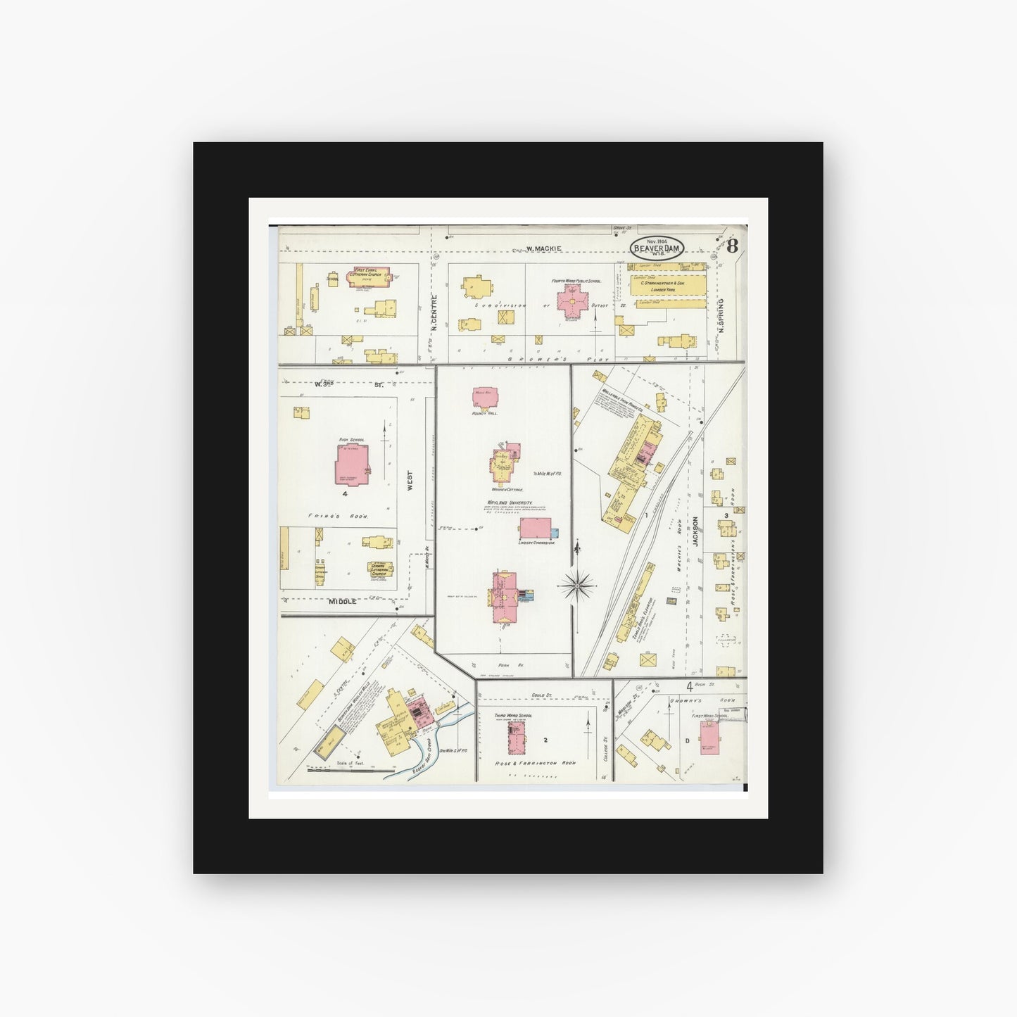 Old map wall art mockup — black gallery frame with white mat — Sanborn Fire Insurance Map from Beaver Dam, Dodge County, Wisconsin (1904), Sheet #0008