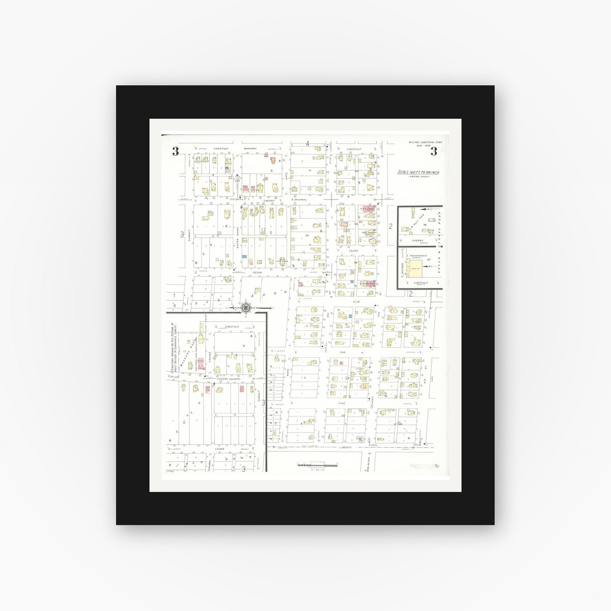 Old map wall art mockup — black gallery frame with white mat — Sanborn Fire Insurance Map from Wilton Junction, Muscatine County, Iowa (1939), Sheet #0003
