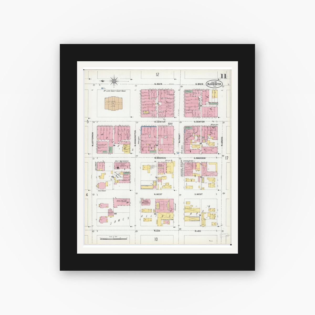 Old map wall art mockup β black gallery frame with white mat β Sanborn Fire Insurance Map from Bloomington, McLean County, Illinois (1901), Sheet #0011