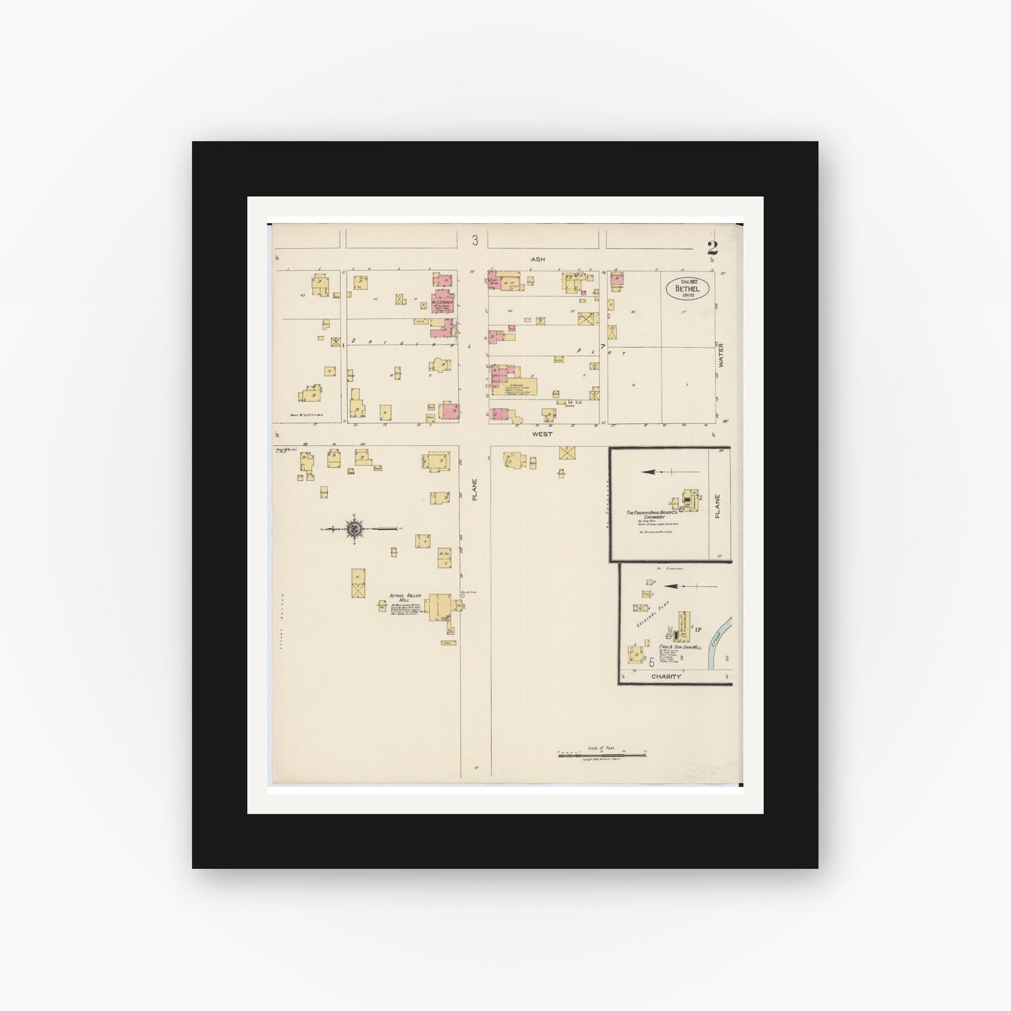 Old map wall art mockup — black gallery frame with white mat — Sanborn Fire Insurance Map from Bethel, Clermont County, Ohio (1922), Sheet #0002