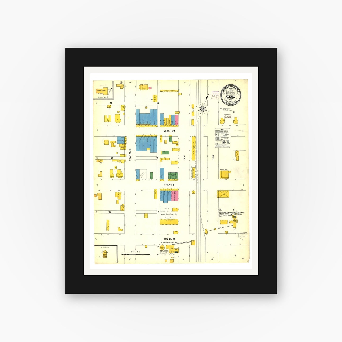Old map wall art mockup — black gallery frame with white mat — Sanborn Fire Insurance Map from Alvord, Wise County, Texas (1905), Sheet #0001