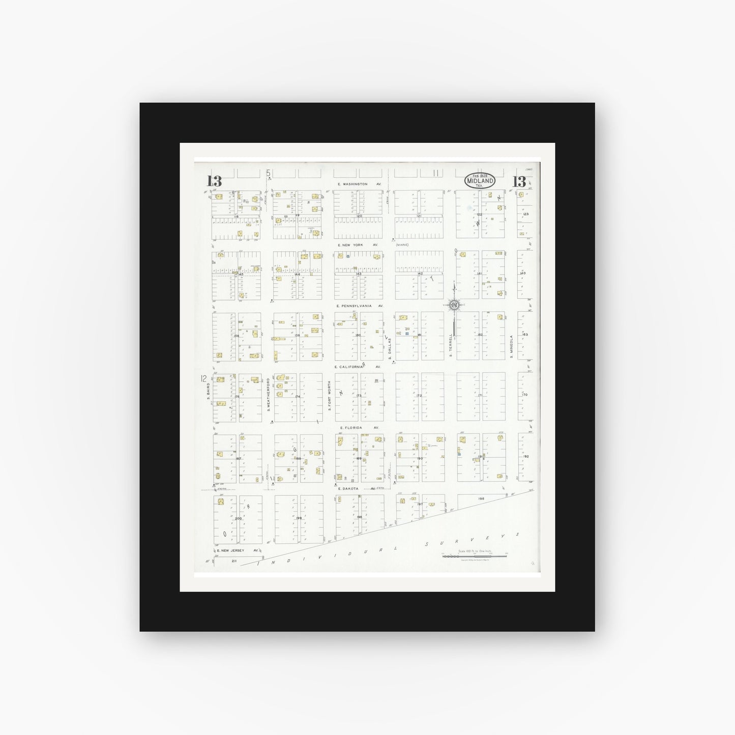 Old map wall art mockup — black gallery frame with white mat — Sanborn Fire Insurance Map from Midland, Midland County, Texas (1929), Sheet #0013