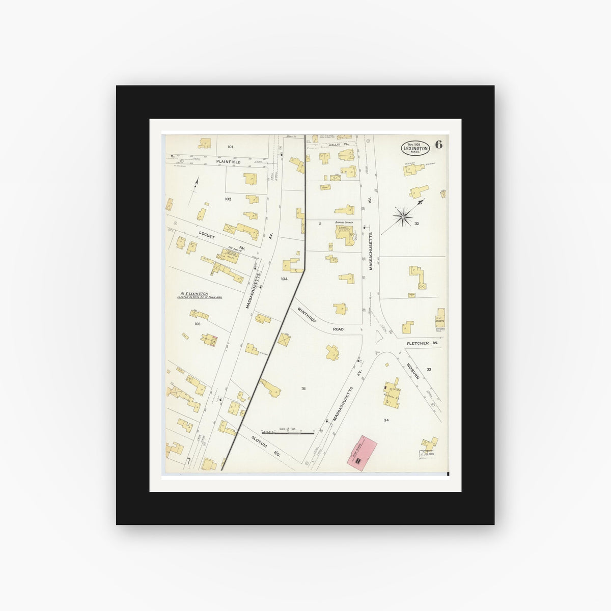 Old map wall art mockup — black gallery frame with white mat — Sanborn Fire Insurance Map from Lexington, Middlesex County, Massachusetts (1908), Sheet #0006