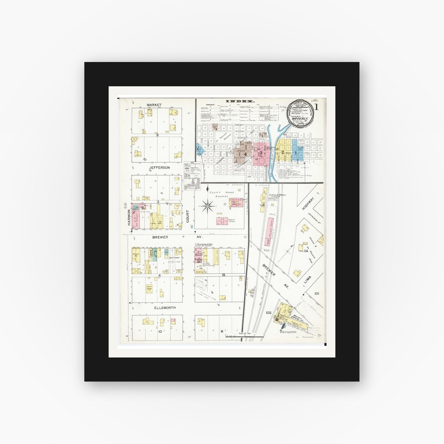 Old map wall art mockup — black gallery frame with white mat — Sanborn Fire Insurance Map from Waverly, Bremer County, Iowa (1892) — Complete Set