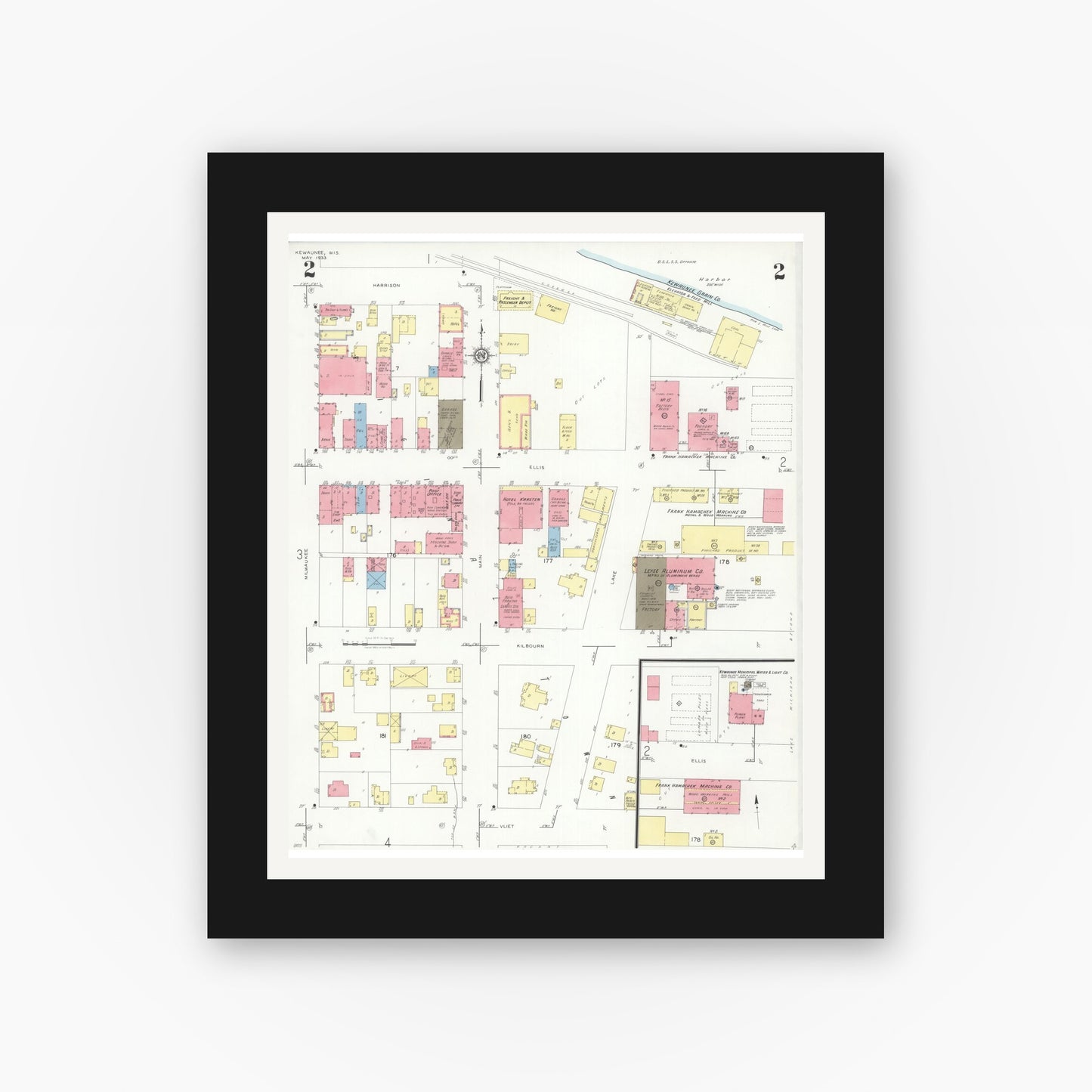 Old map wall art mockup — black gallery frame with white mat — Sanborn Fire Insurance Map from Kewaunee, Kewaunee County, Wisconsin (1933), Sheet #0002