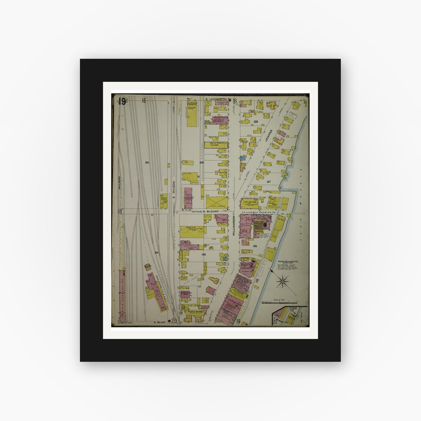 Old map wall art mockup — black gallery frame with white mat — Sanborn Fire Insurance Map from Madison, Dane County, Wisconsin (1908), Sheet #0019