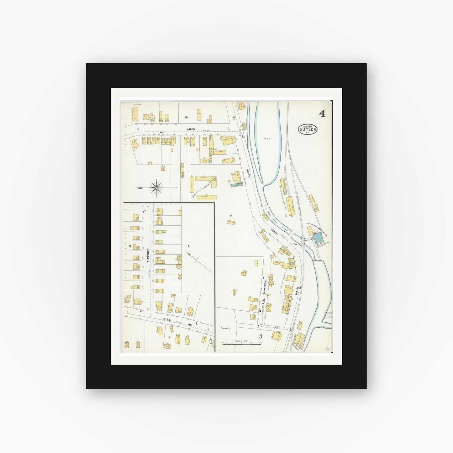 Old map wall art mockup — black gallery frame with white mat — Sanborn Fire Insurance Map from Butler, Morris County, New Jersey (1905), Sheet #0004