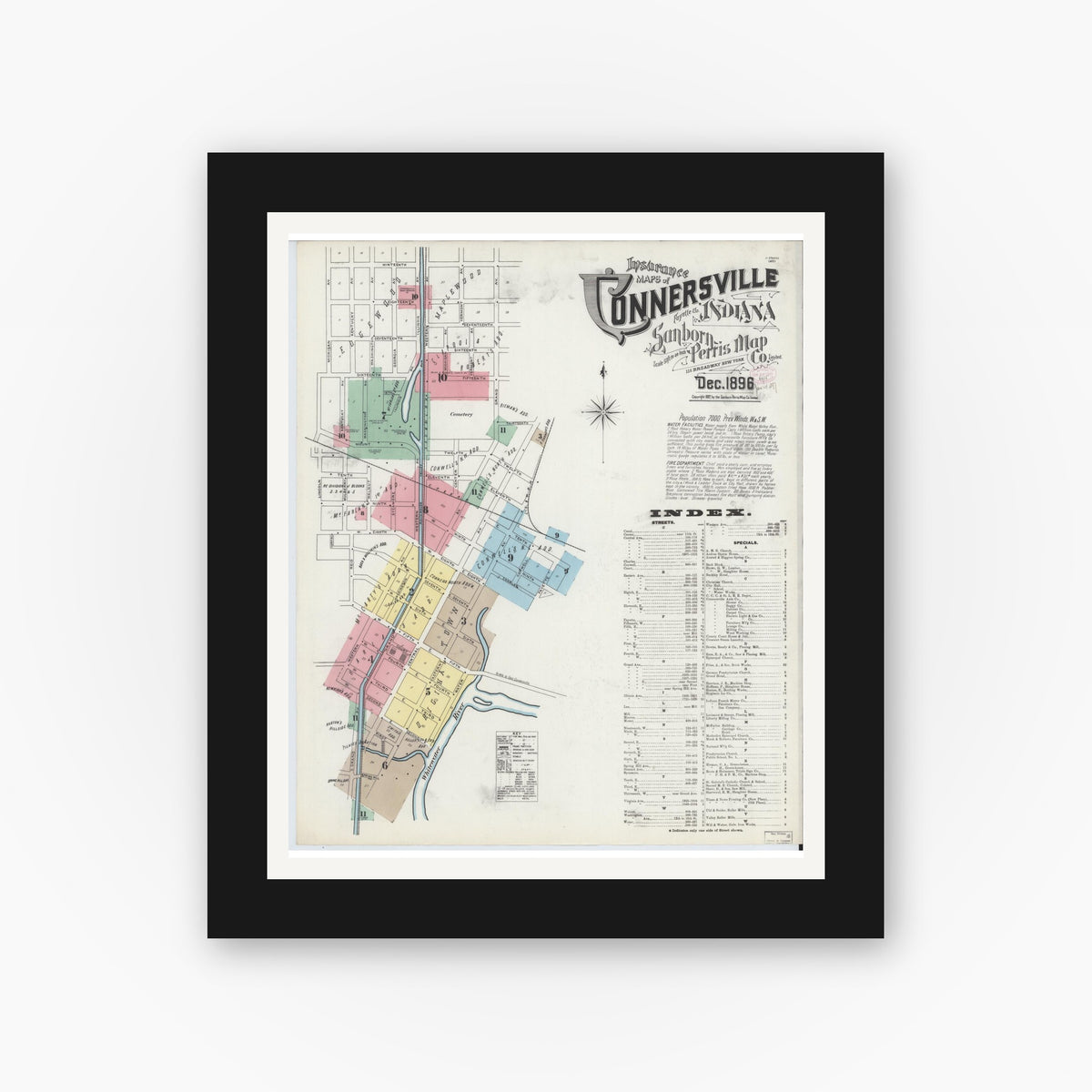 Old map wall art mockup — black gallery frame with white mat — Sanborn Fire Insurance Map from Connersville, Fayette County, Indiana (1896) - Complete Map Set