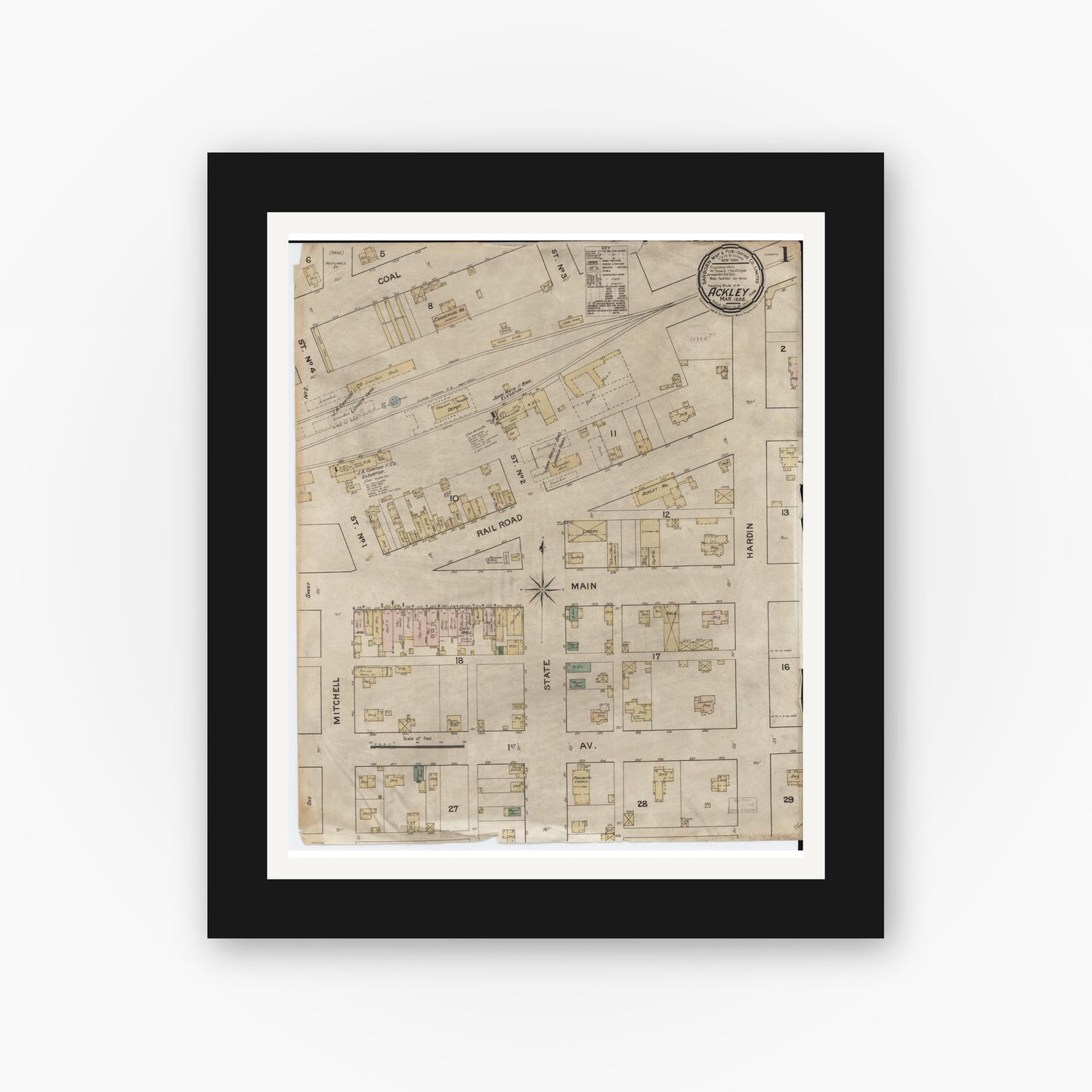 Old map wall art mockup — black gallery frame with white mat — Sanborn Fire Insurance Map from Ackley, Hardin and Franklin Counties, Iowa (1888) — Complete Set