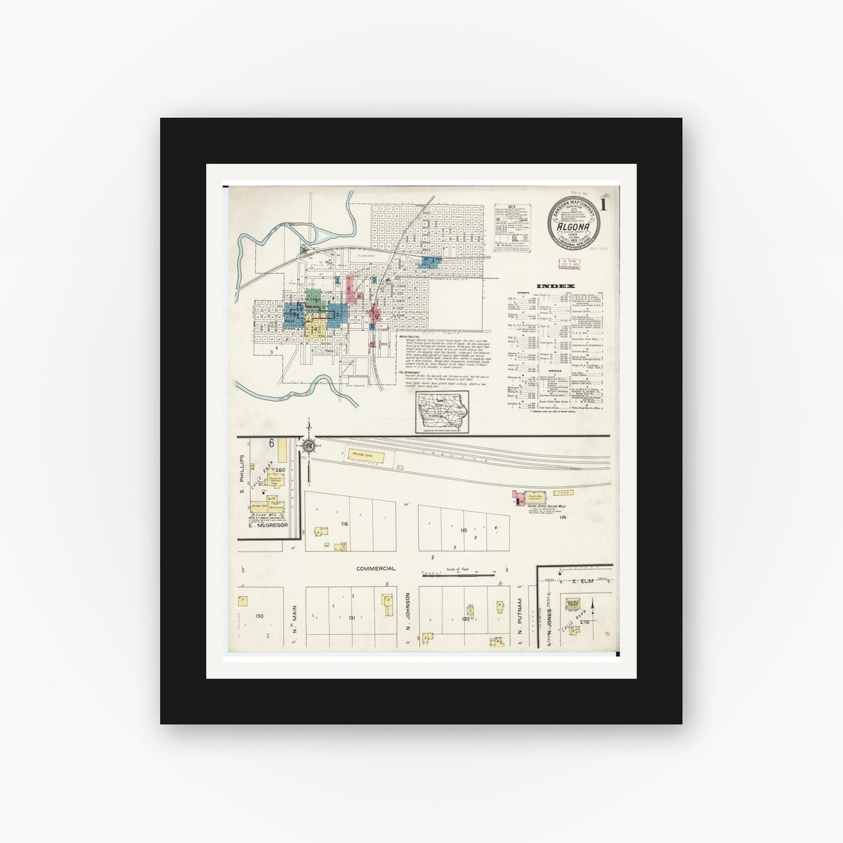 Old map wall art mockup — black gallery frame with white mat — Sanborn Fire Insurance Map from Algona, Kossuth County, Iowa (1913), Sheet #0001