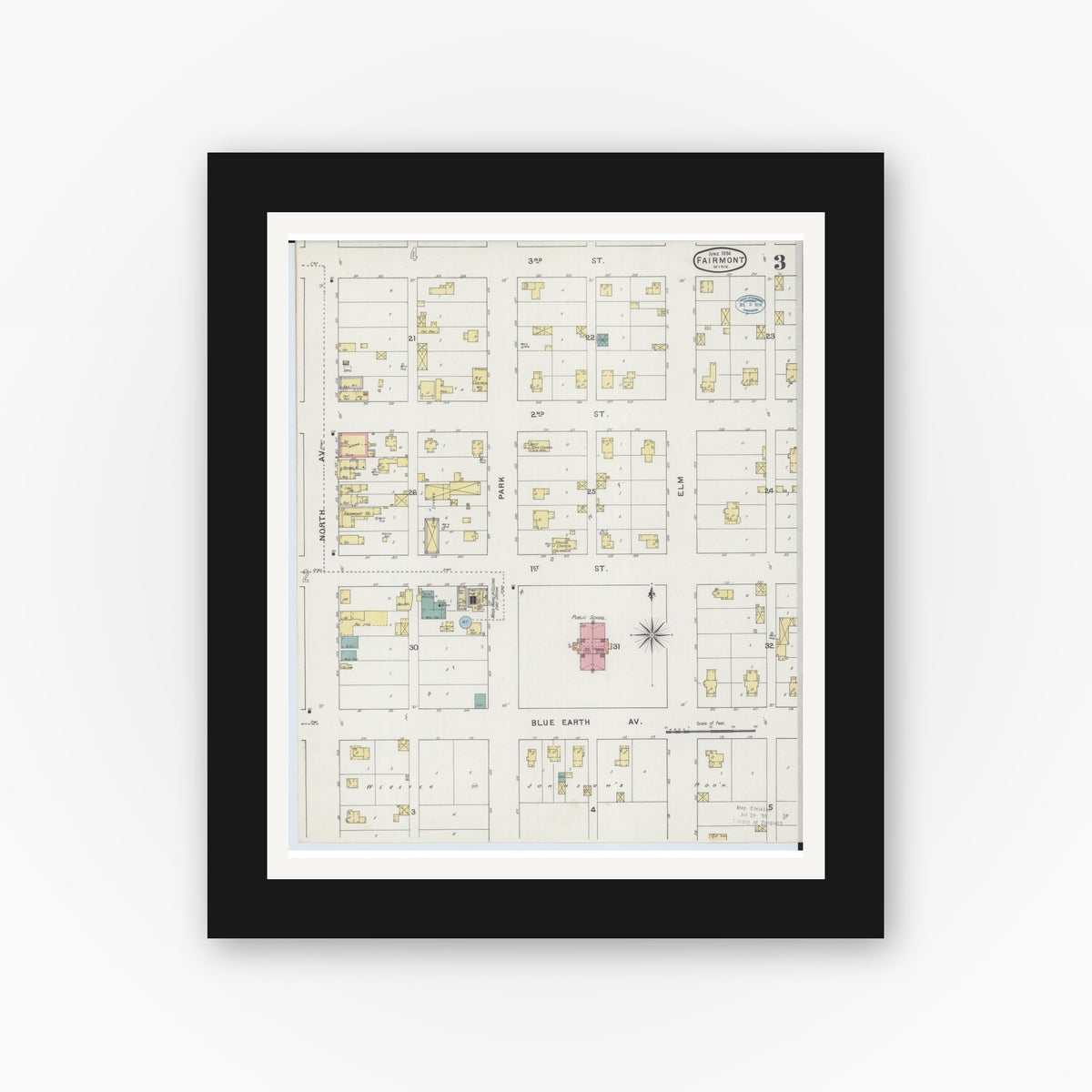 Old map wall art mockup — black gallery frame with white mat — Sanborn Fire Insurance Map from Fairmont, Martin County, Minnesota (1894), Sheet #0003