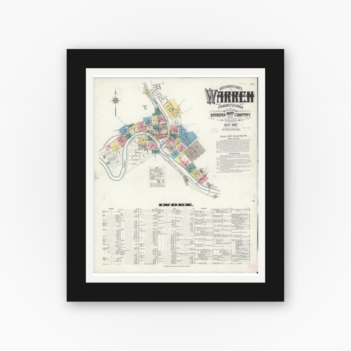 Old map wall art mockup — black gallery frame with white mat — Sanborn Fire Insurance Map from Warren, Warren County, Pennsylvania (1912), Sheet #0001