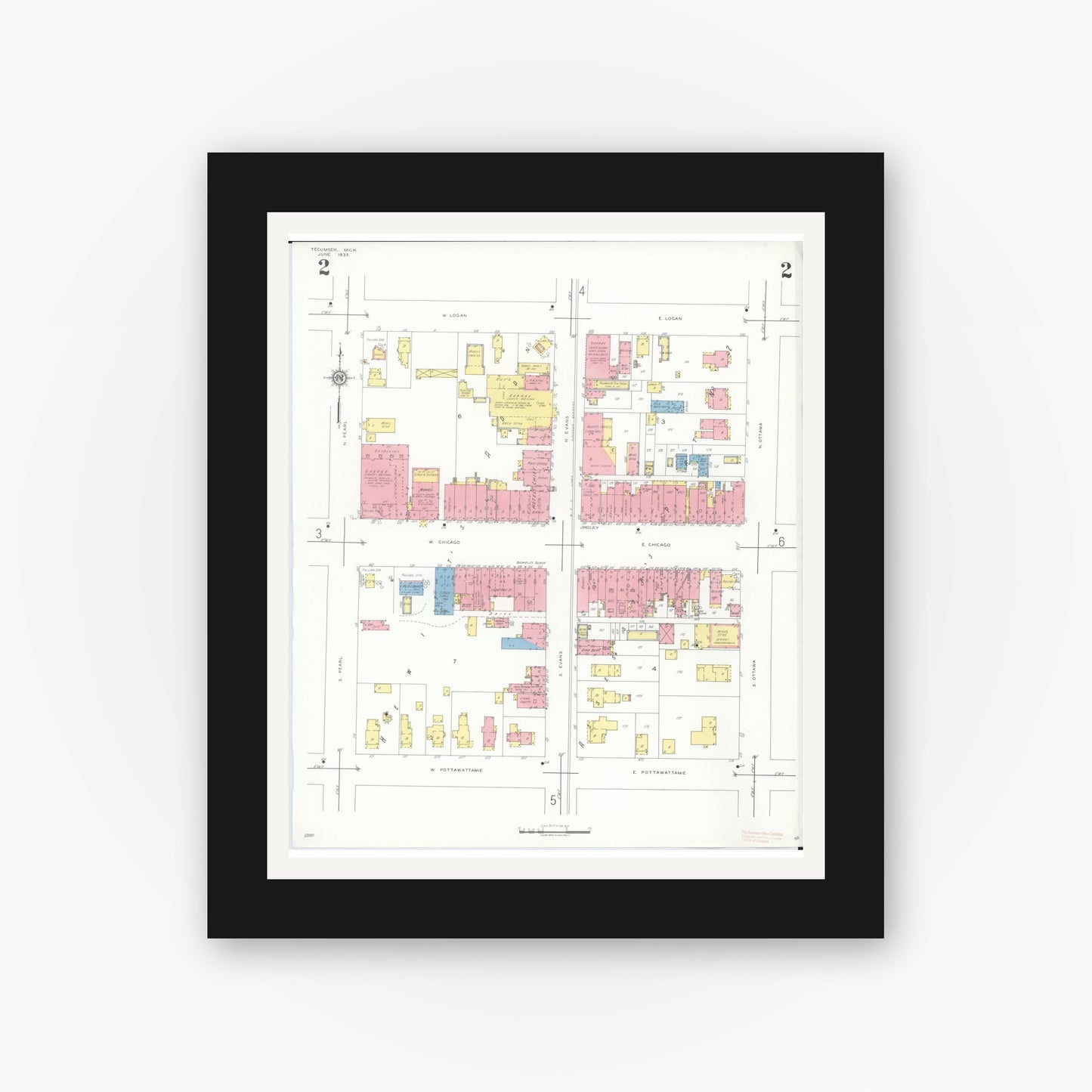 Old map wall art mockup — black gallery frame with white mat — Sanborn Fire Insurance Map from Tecumseh, Lenawee County, Michigan (1935), Sheet #0002