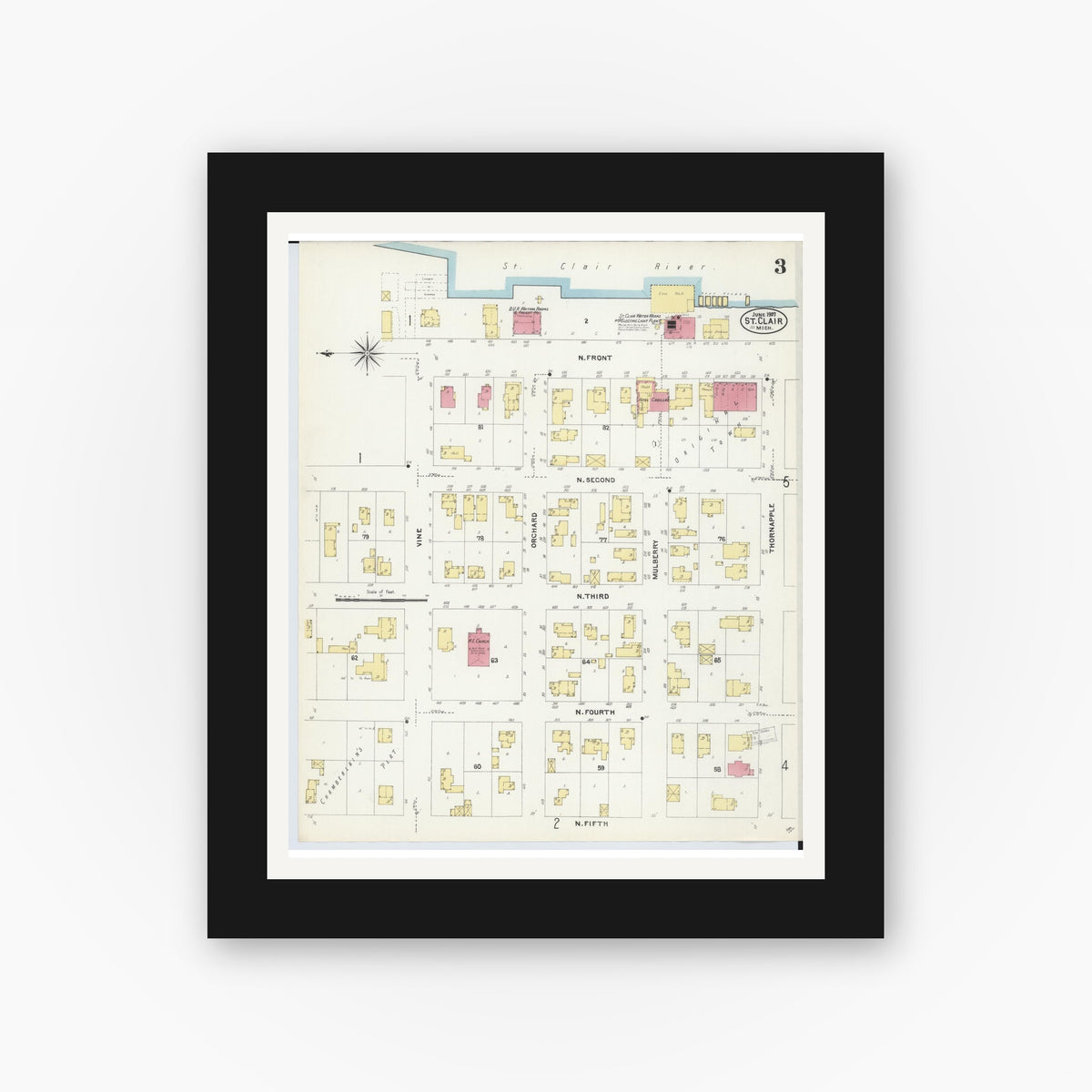Old map wall art mockup — black gallery frame with white mat — Sanborn Fire Insurance Map from Saint Clair, Saint Clair County, Michigan (1907), Sheet #0003