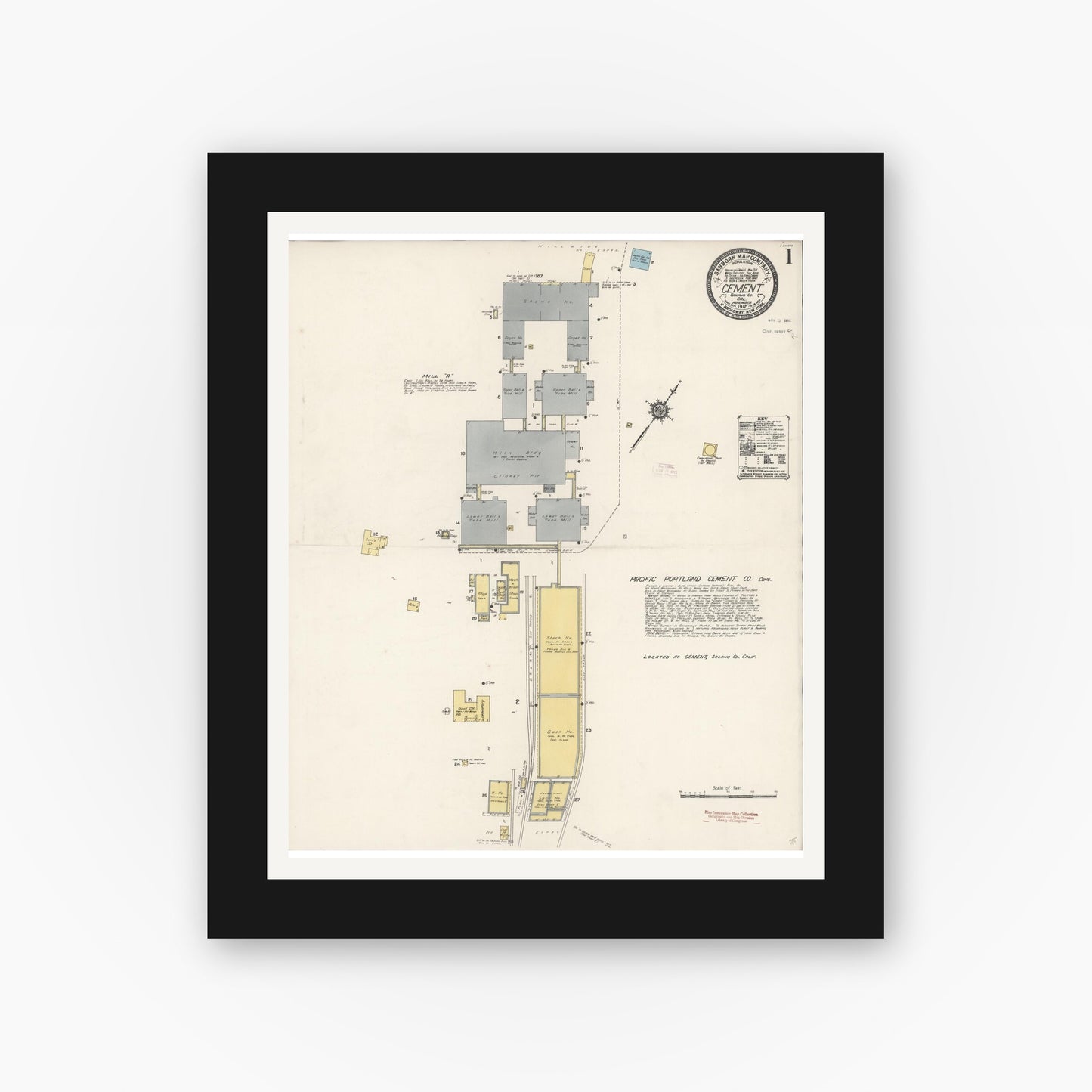 Old map wall art mockup — black gallery frame with white mat — Sanborn Fire Insurance Map from Cement, Solano County, California (1912), Sheet #0001