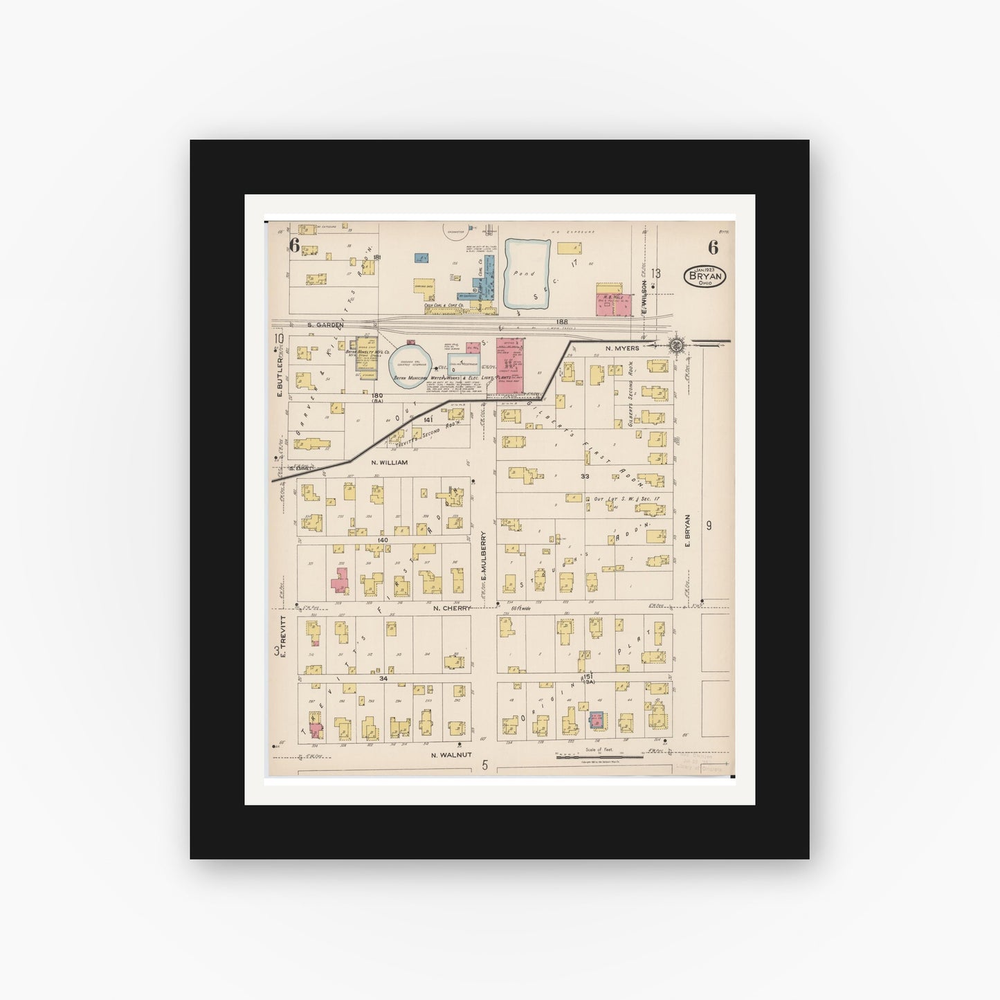 Old map wall art mockup — black gallery frame with white mat — Sanborn Fire Insurance Map from Bryan, Williams County, Ohio (1923), Sheet #0006
