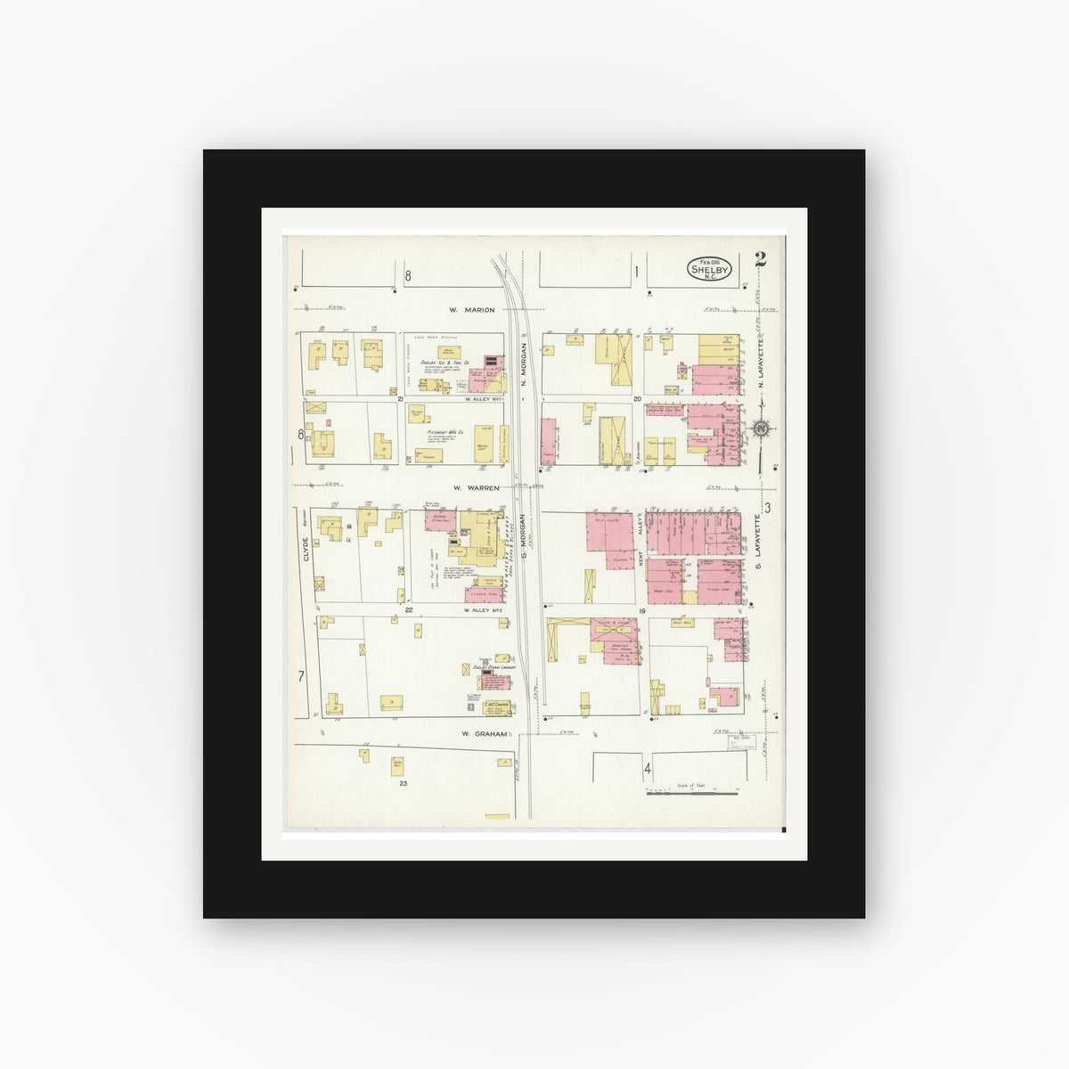 Old map wall art mockup — black gallery frame with white mat — Sanborn Fire Insurance Map from Shelby, Cleveland County, North Carolina (1916), Sheet #0002
