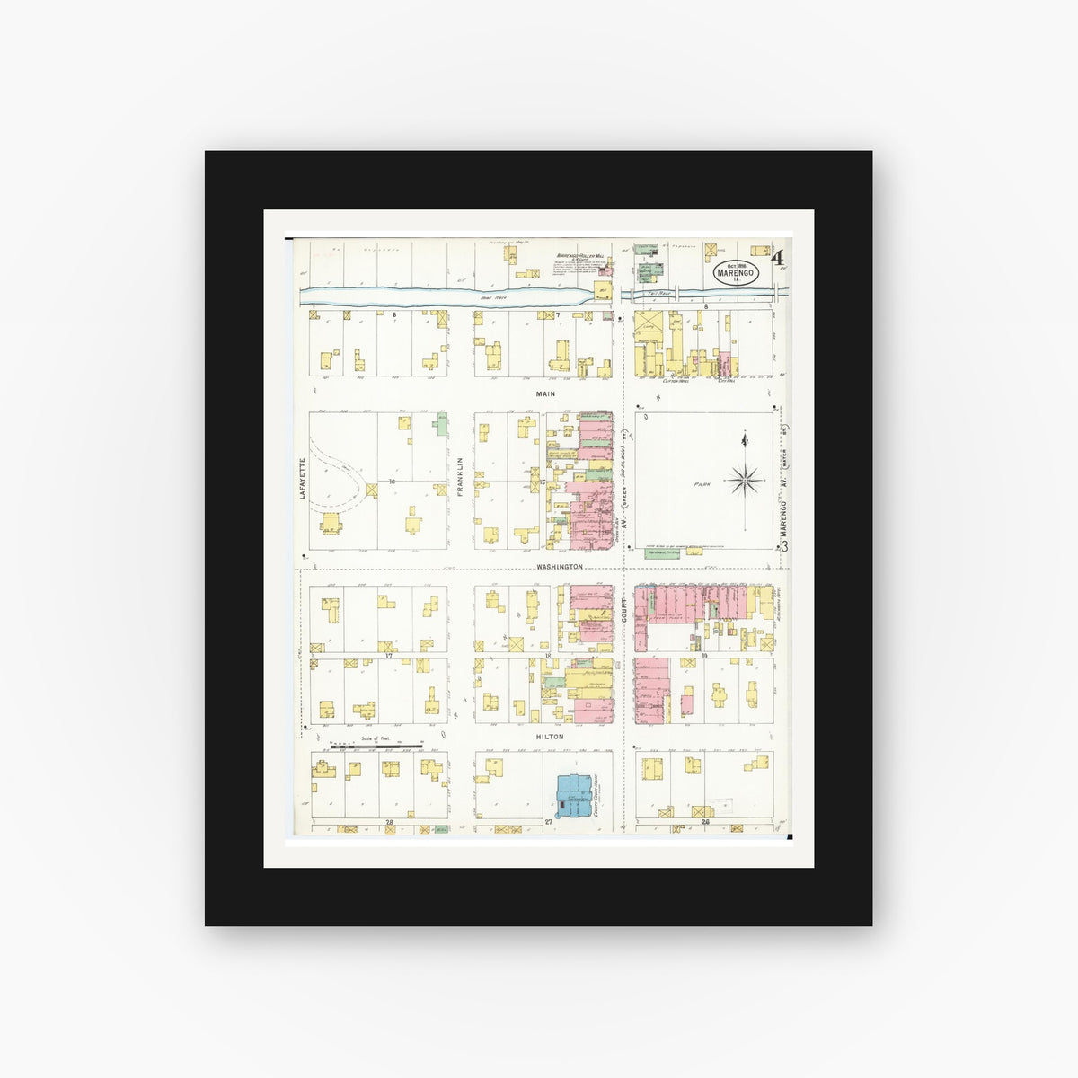 Old map wall art mockup — black gallery frame with white mat — Sanborn Fire Insurance Map from Marengo, Iowa County, Iowa (1898), Sheet #0004