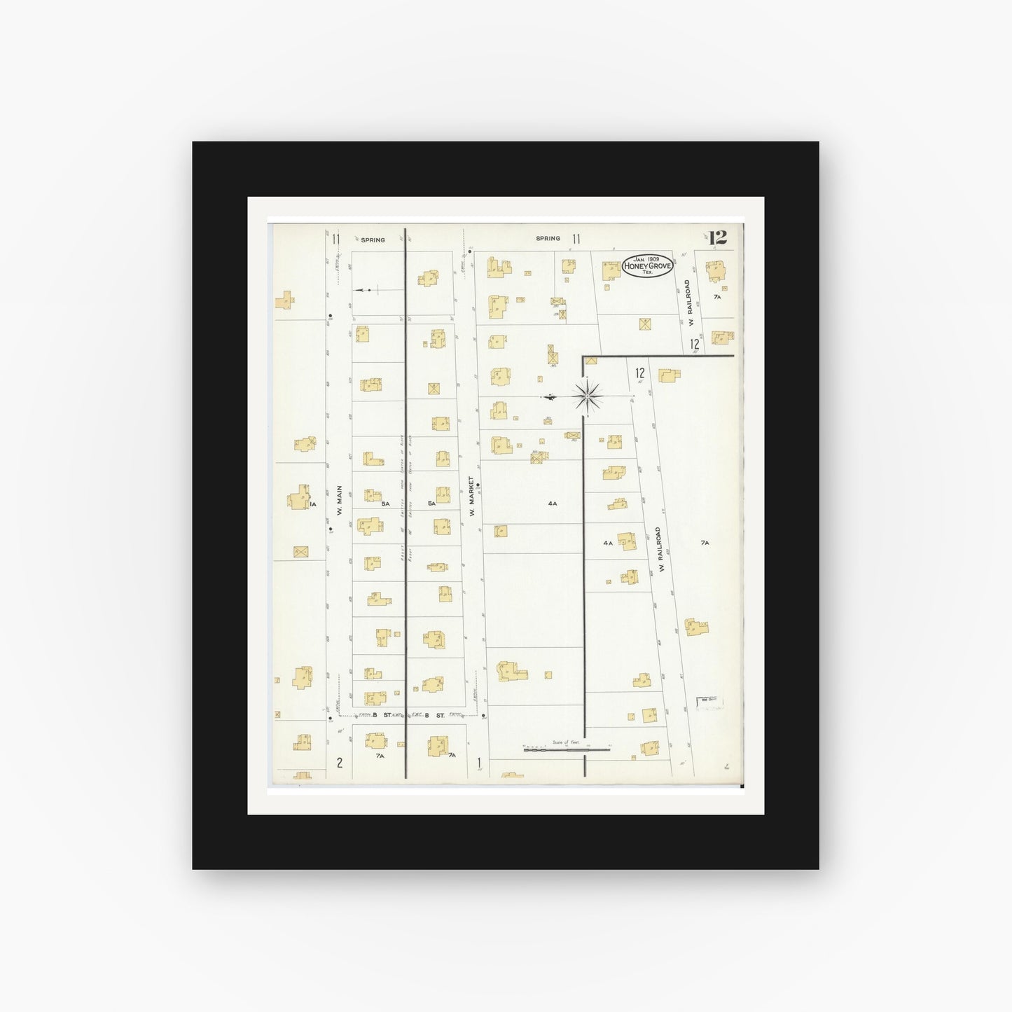 Old map wall art mockup — black gallery frame with white mat — Sanborn Fire Insurance Map from Honey Grove, Fannin County, Texas (1909), Sheet #0012