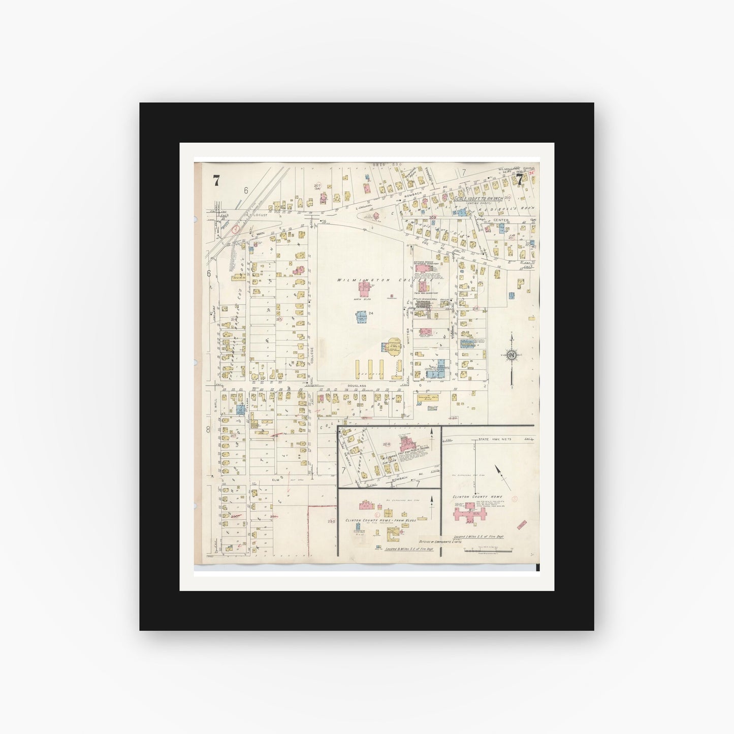 Old map wall art mockup — black gallery frame with white mat — Sanborn Fire Insurance Map from Wilmington, Clinton County, Ohio (1949), Sheet #0007