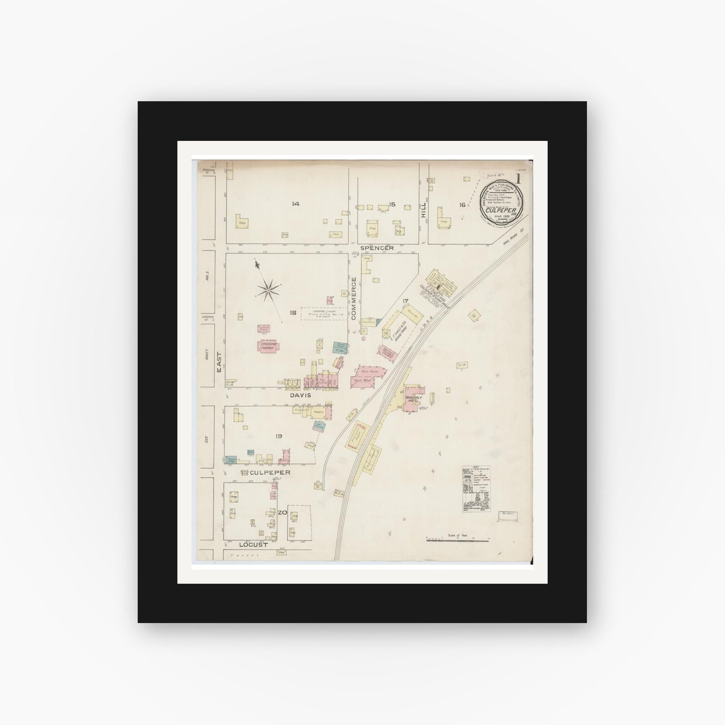 Old map wall art mockup — black gallery frame with white mat — Sanborn Fire Insurance Map from Culpeper, Culpeper County, Virginia (1886) - Complete Map Set