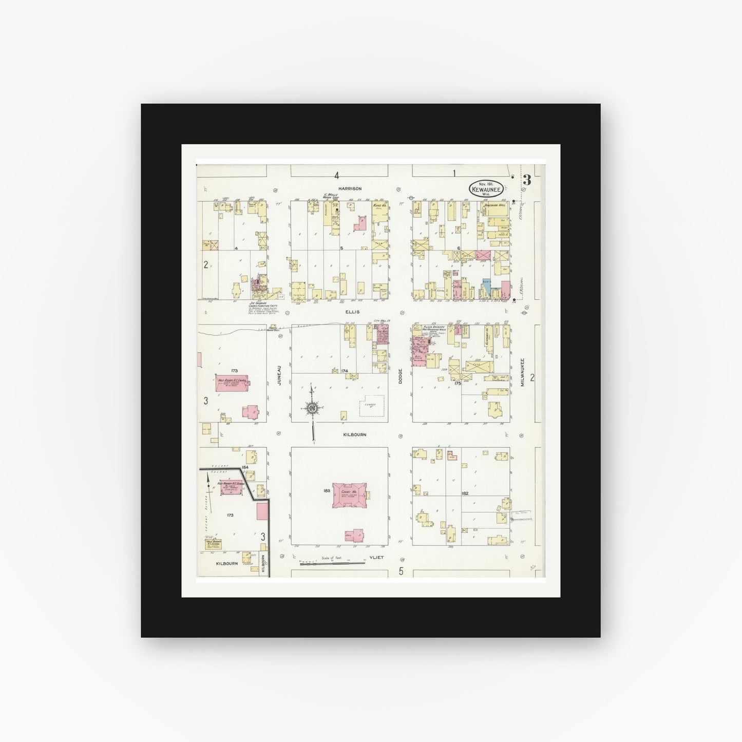 Old map wall art mockup — black gallery frame with white mat — Sanborn Fire Insurance Map from Kewaunee, Kewaunee County, Wisconsin (1911), Sheet #0003