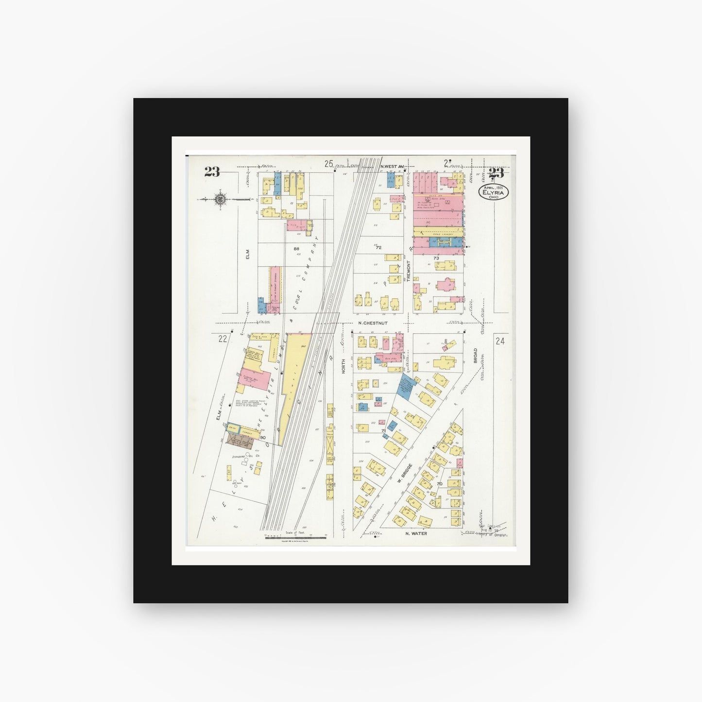 Old map wall art mockup — black gallery frame with white mat — Sanborn Fire Insurance Map from Elyria, Lorain County, Ohio (1925), Sheet #0023
