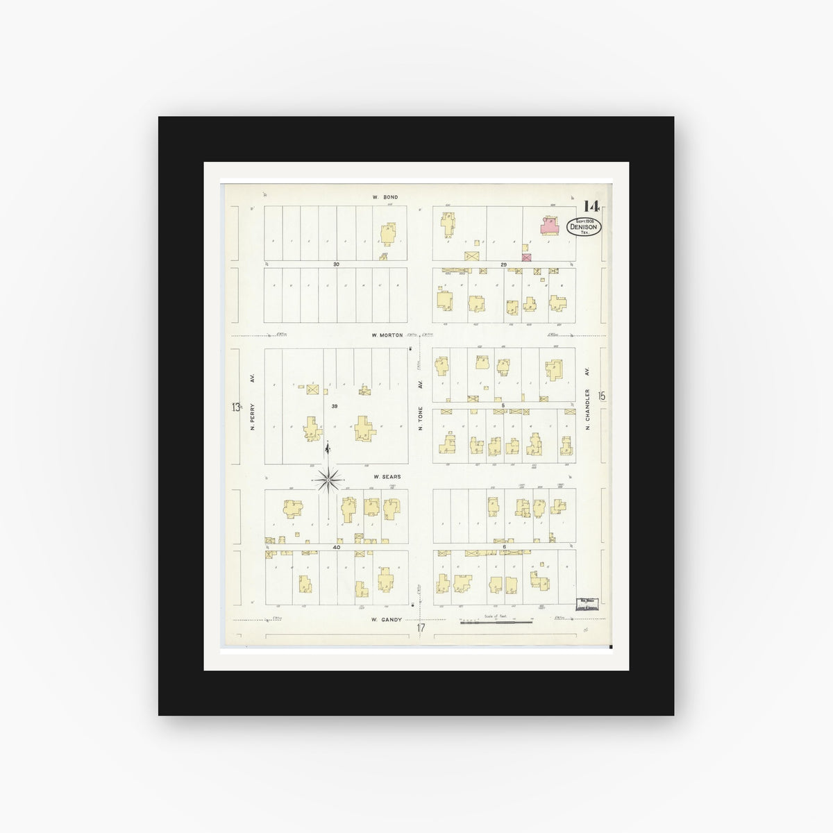 Old map wall art mockup — black gallery frame with white mat — Sanborn Fire Insurance Map from Denison, Grayson County, Texas (1908), Sheet #0014