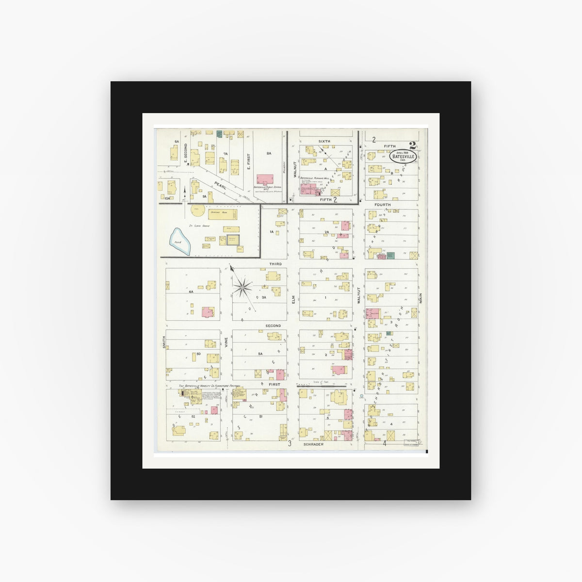 Old map wall art mockup — black gallery frame with white mat — Sanborn Fire Insurance Map from Batesville, Ripley County, Indiana (1909), Sheet #0002