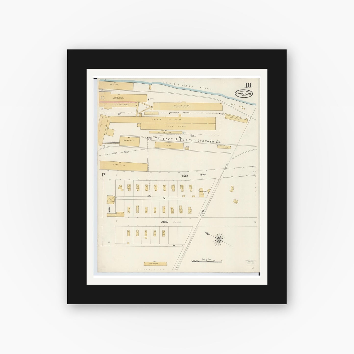 Old map wall art mockup — black gallery frame with white mat — Sanborn Fire Insurance Map from Cheboygan, Cheboygan County, Michigan (1907), Sheet #0018