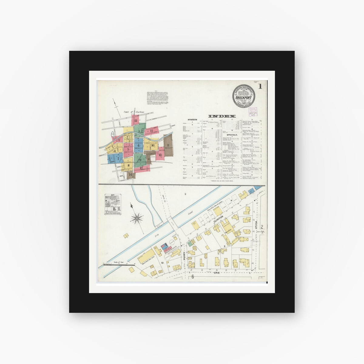 Old map wall art mockup — black gallery frame with white mat — Sanborn Fire Insurance Map from Brockport, Monroe County, New York (1904) - Complete Map Set