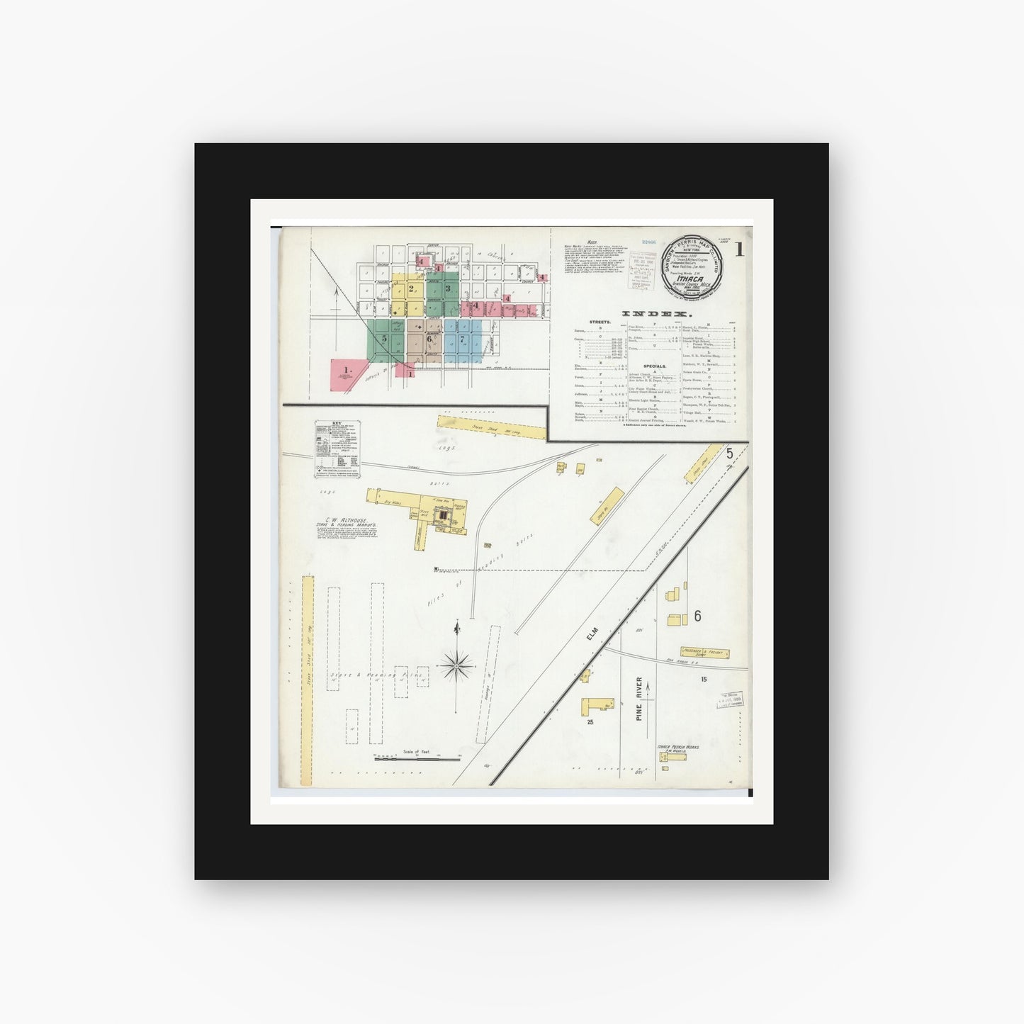 Old map wall art mockup — black gallery frame with white mat — Sanborn Fire Insurance Map from Ithaca, Gratiot County, Michigan (1900) - Complete Map Set
