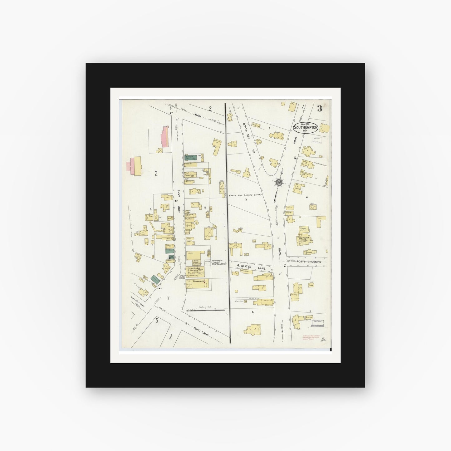 Old map wall art mockup — black gallery frame with white mat — Sanborn Fire Insurance Map from Southampton, Suffolk County, New York (1909), Sheet #0003