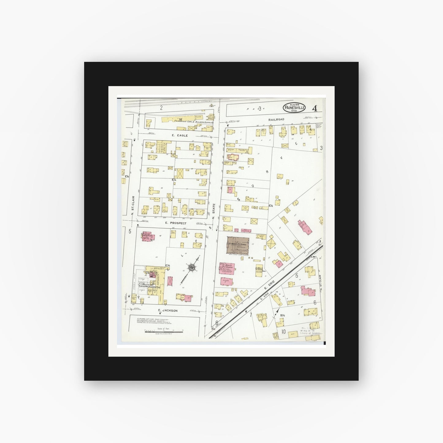 Old map wall art mockup — black gallery frame with white mat — Sanborn Fire Insurance Map from Painesville, Lake County, Ohio (1919), Sheet #0004