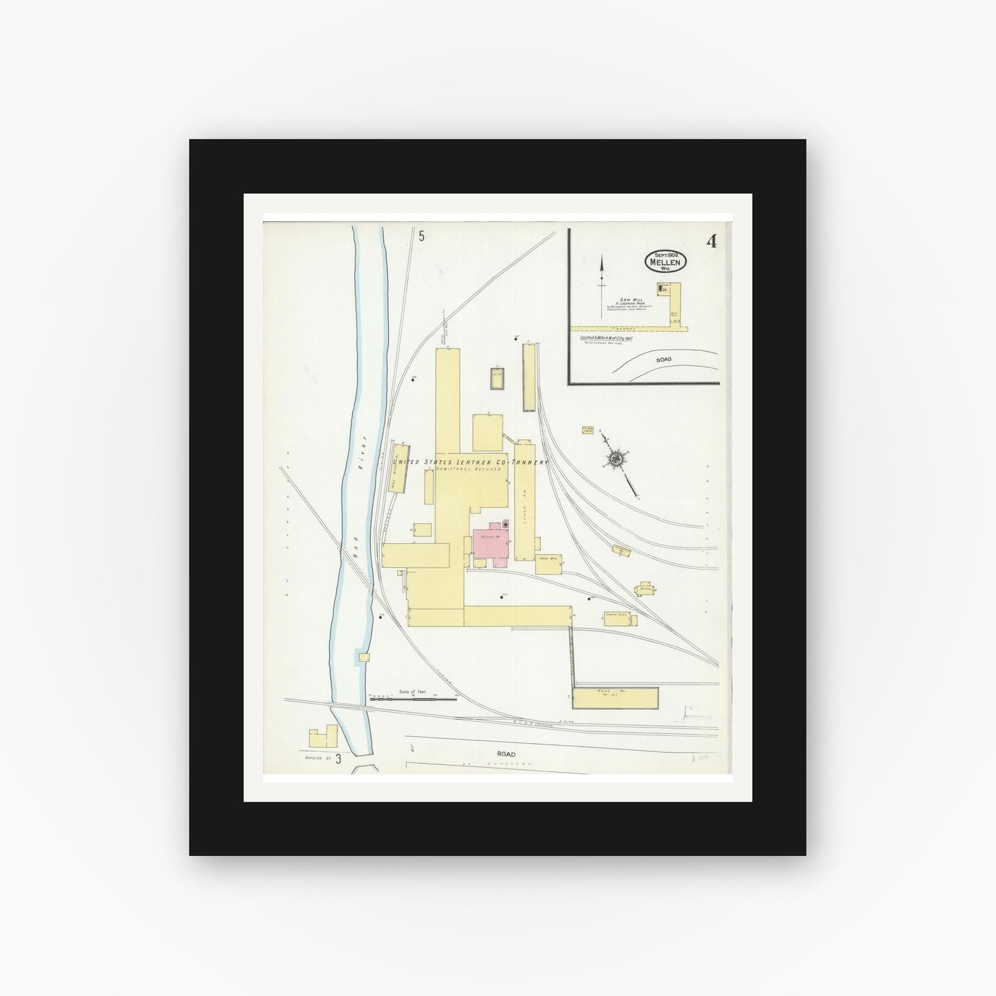 Old map wall art mockup — black gallery frame with white mat — Sanborn Fire Insurance Map from Mellen, Ashland County, Wisconsin (1909), Sheet #0004
