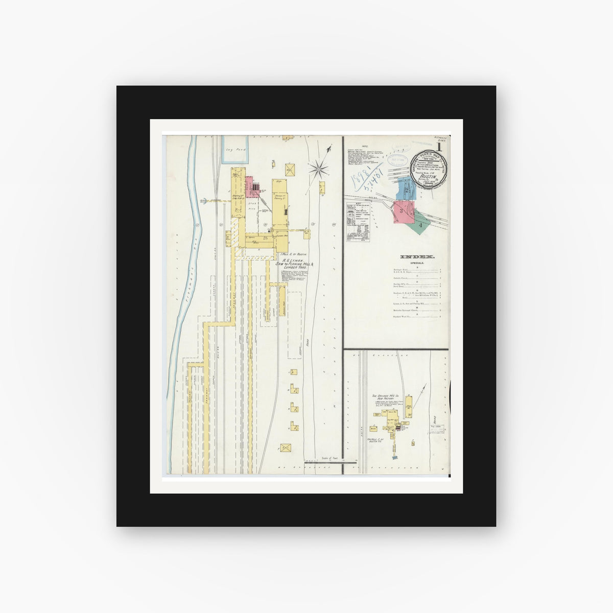Old map wall art mockup — black gallery frame with white mat — Sanborn Fire Insurance Map from Austin, Potter County, Pennsylvania (1898), Sheet #0001