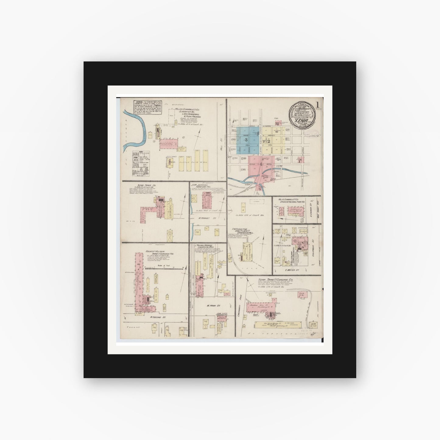 Old map wall art mockup — black gallery frame with white mat — Sanborn Fire Insurance Map from Xenia, Greene County, Ohio (1885) - Complete Map Set
