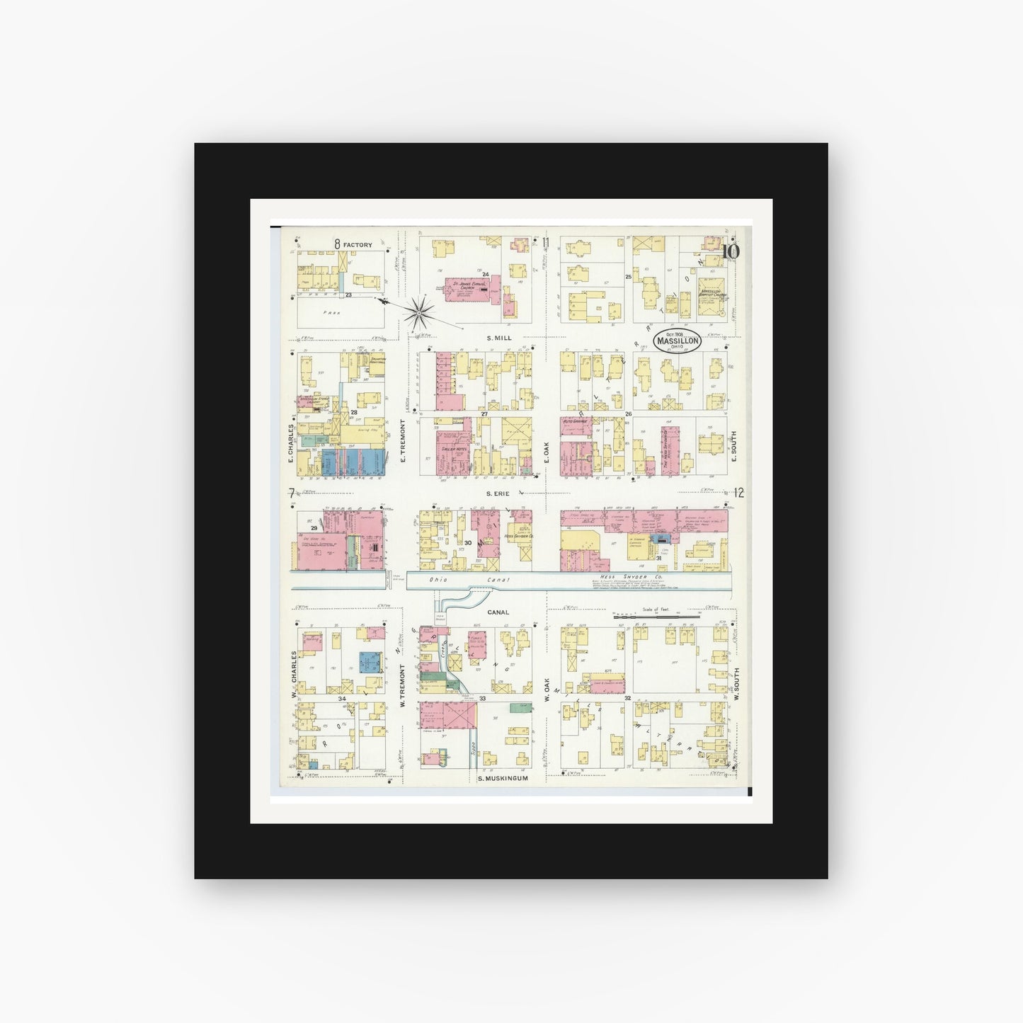 Old map wall art mockup — black gallery frame with white mat — Sanborn Fire Insurance Map from Massillon, Stark County, Ohio (1908), Sheet #0010