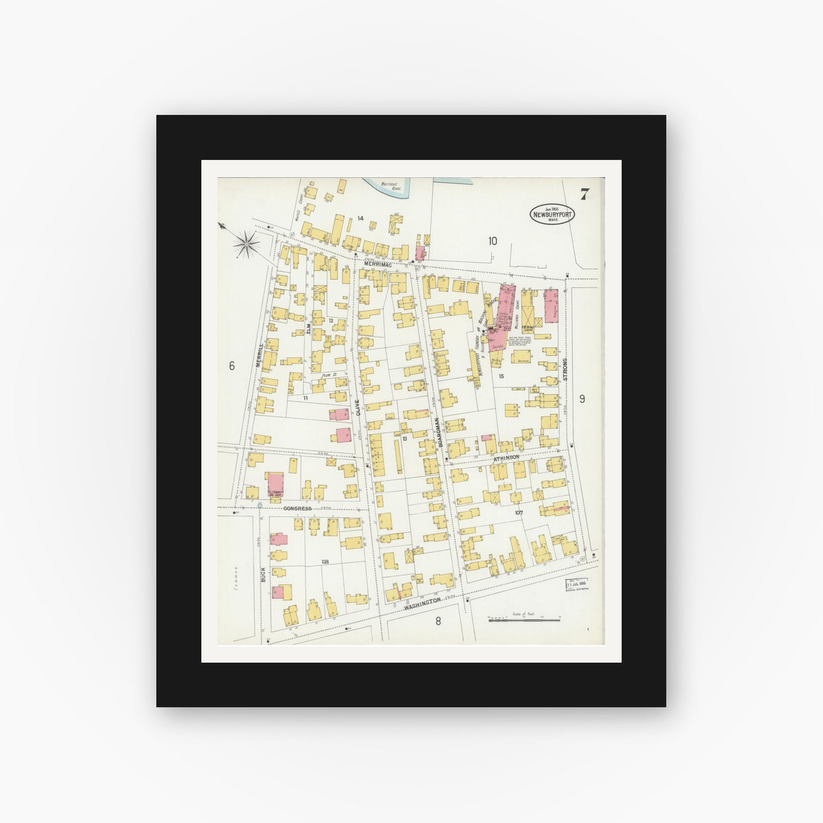 Old map wall art mockup — black gallery frame with white mat — Sanborn Fire Insurance Map from Newburyport, Essex County, Massachusetts (1900), Sheet #0007