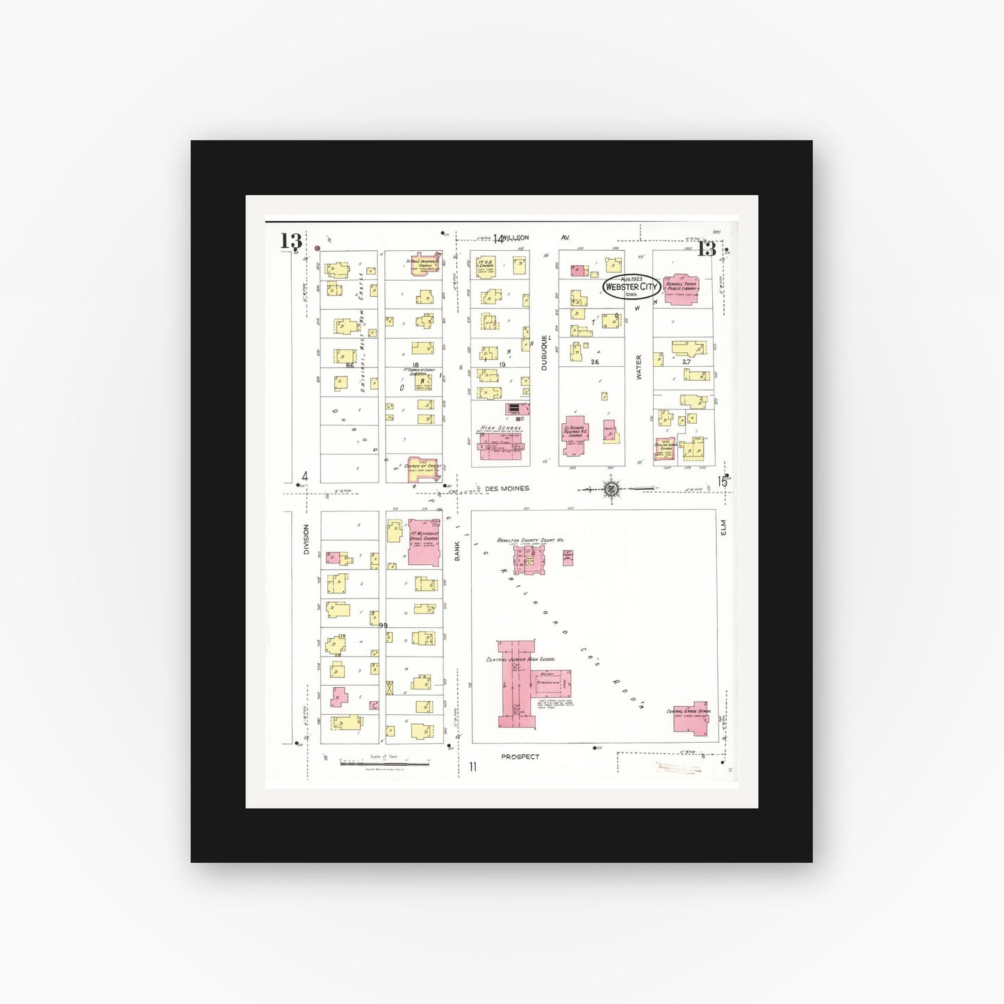 Old map wall art mockup — black gallery frame with white mat — Sanborn Fire Insurance Map from Webster City, Hamilton County, Iowa (1923), Sheet #0013