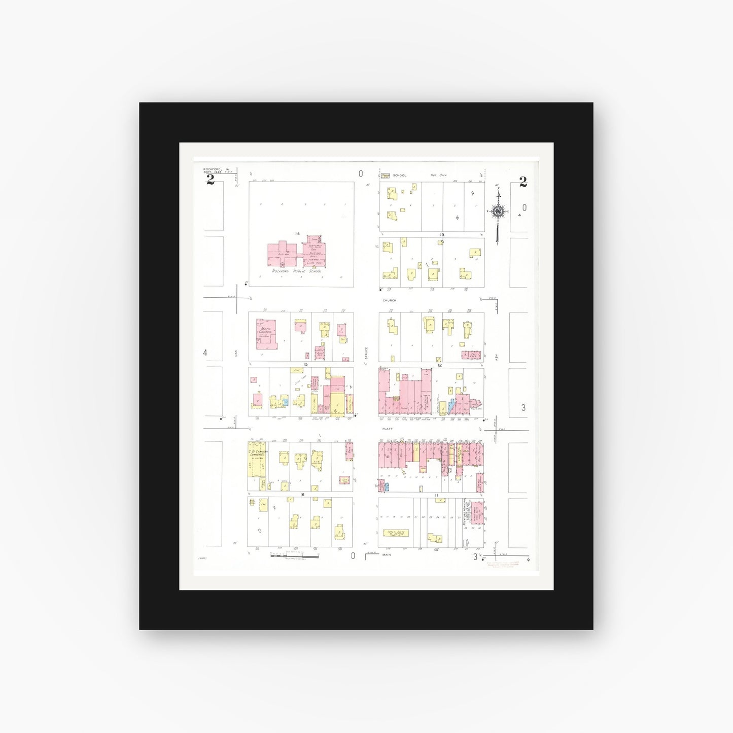 Old map wall art mockup — black gallery frame with white mat — Sanborn Fire Insurance Map from Rockford, Floyd County, Iowa (1948), Sheet #0002
