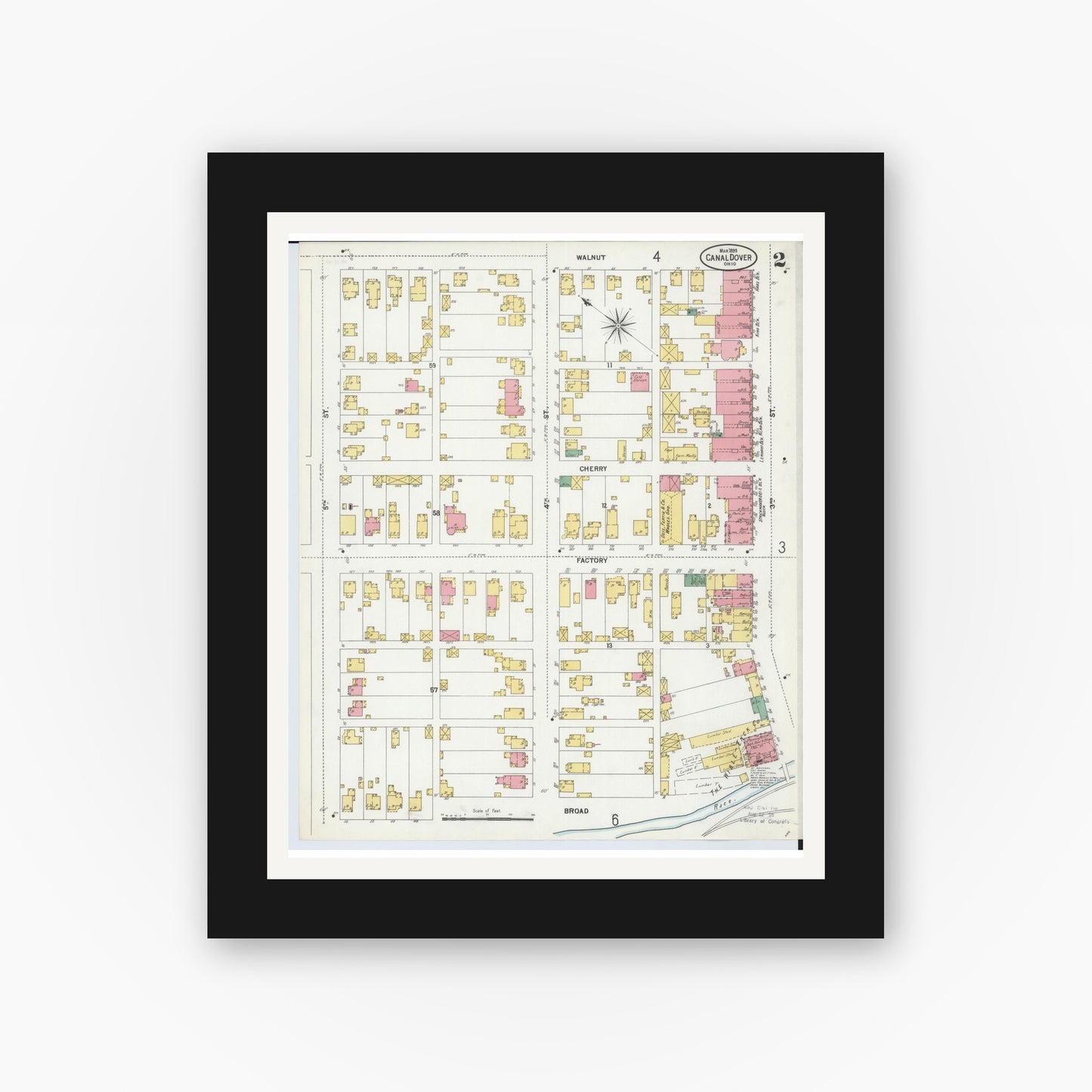 Old map wall art mockup — black gallery frame with white mat — Sanborn Fire Insurance Map from Canal Dover, Tuscarawas County, Ohio (1899), Sheet #0002