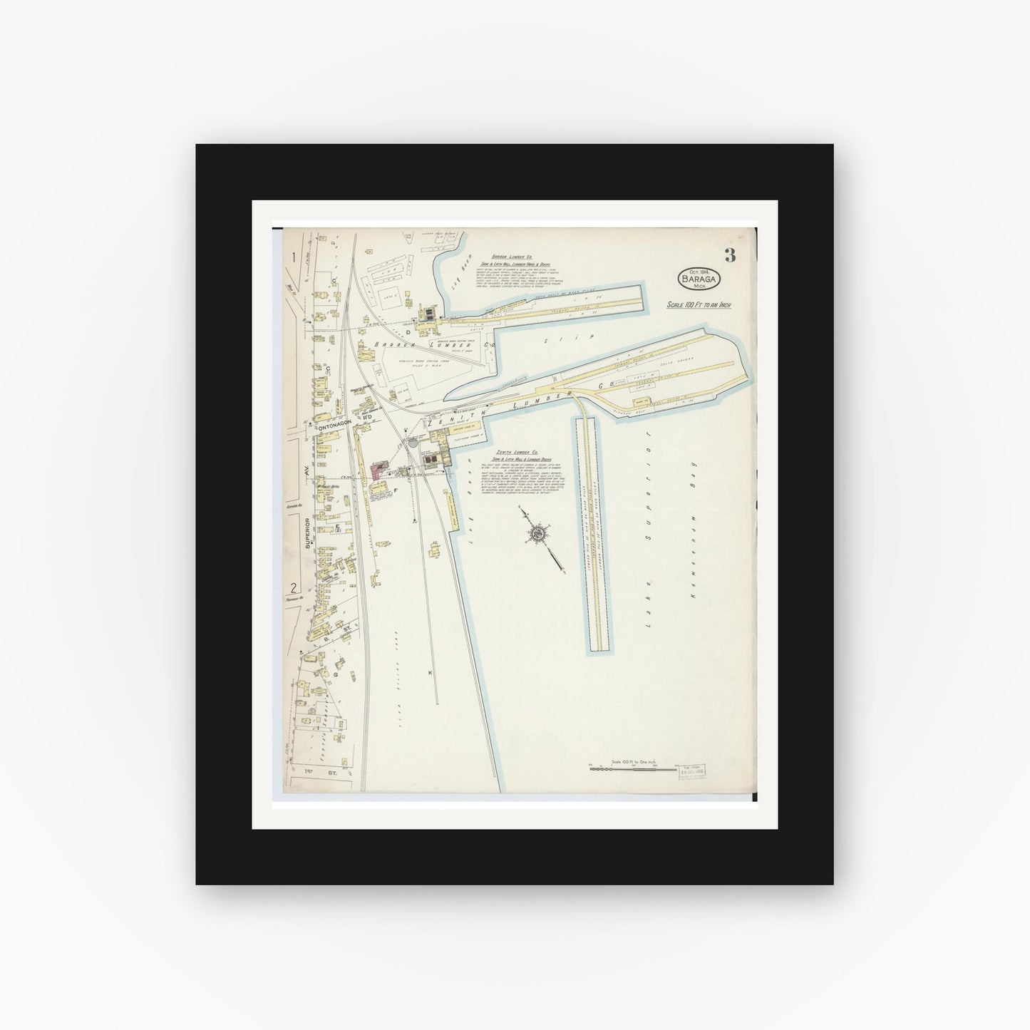 Old map wall art mockup — black gallery frame with white mat — Sanborn Fire Insurance Map from Baraga, Baraga County, Michigan (1914), Sheet #0003