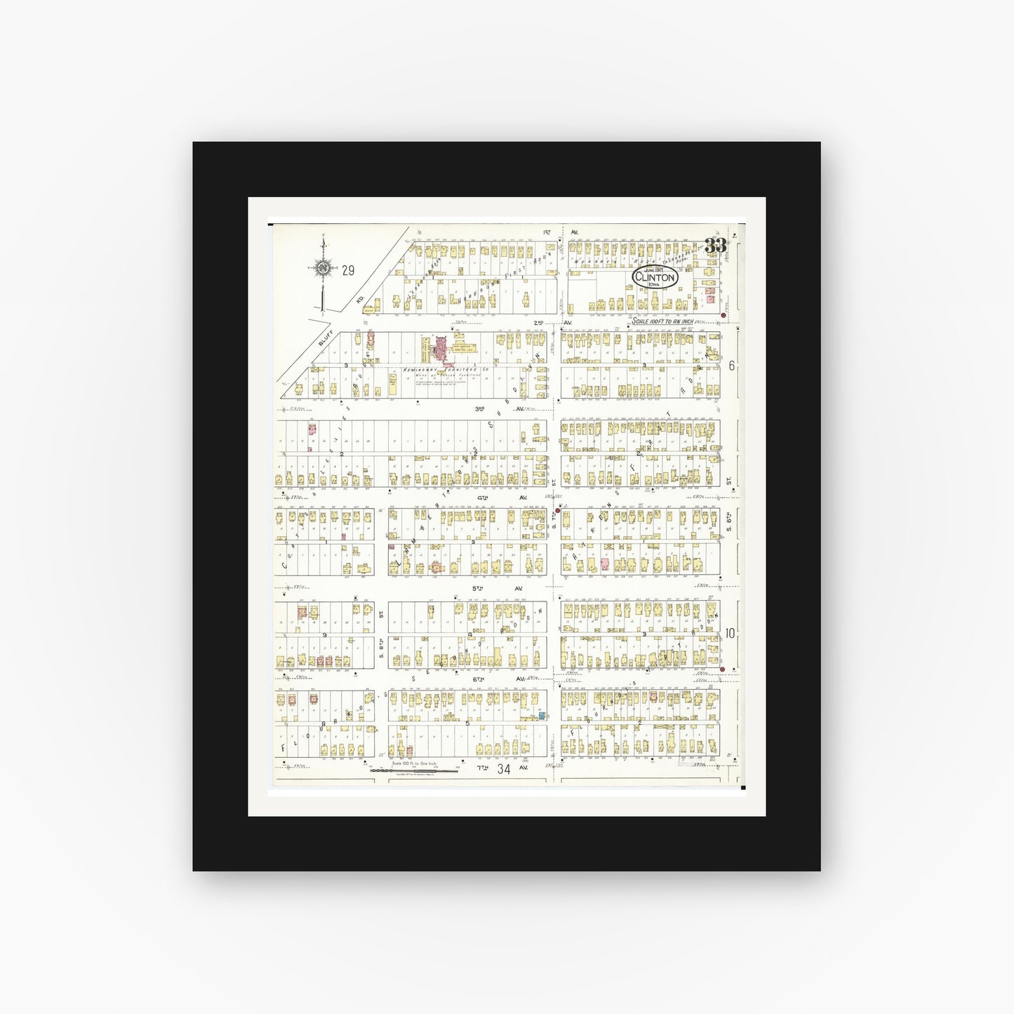 Old map wall art mockup — black gallery frame with white mat — Sanborn Fire Insurance Map from Clinton, Clinton County, Iowa (1917), Sheet #0033