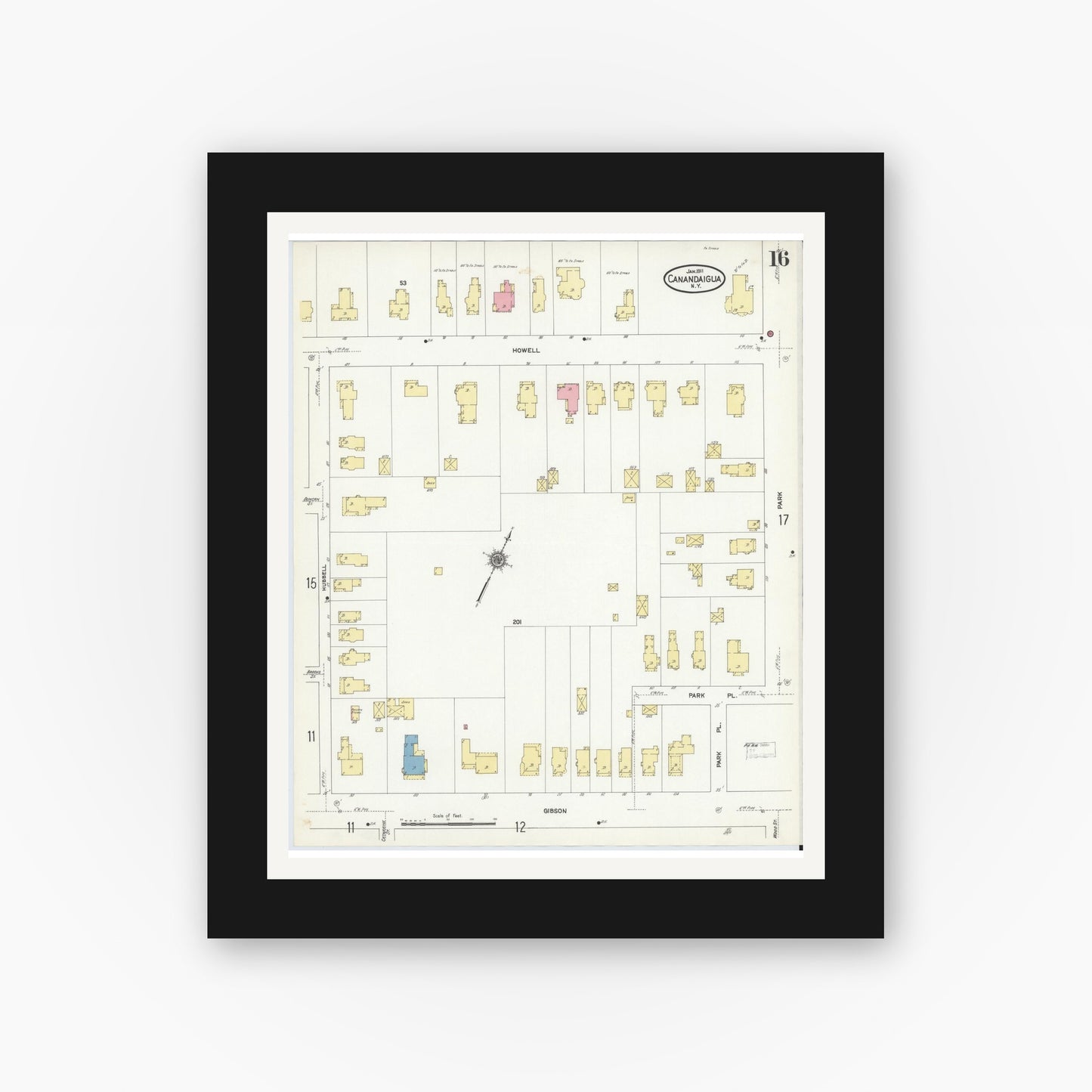 Old map wall art mockup — black gallery frame with white mat — Sanborn Fire Insurance Map from Canandaigua, Ontario County, New York (1911), Sheet #0016