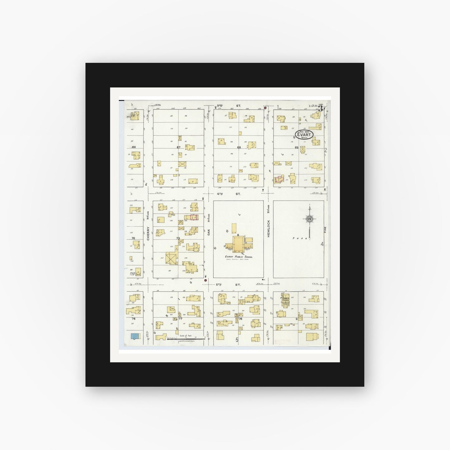Old map wall art mockup — black gallery frame with white mat — Sanborn Fire Insurance Map from Evart, Osceola County, Michigan (1920), Sheet #0003