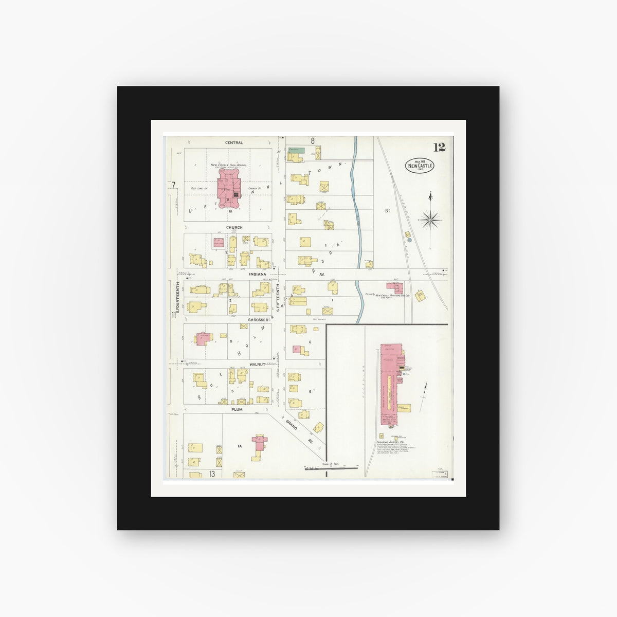 Old map wall art mockup — black gallery frame with white mat — Sanborn Fire Insurance Map from New Castle, Henry County, Indiana (1908), Sheet #0012